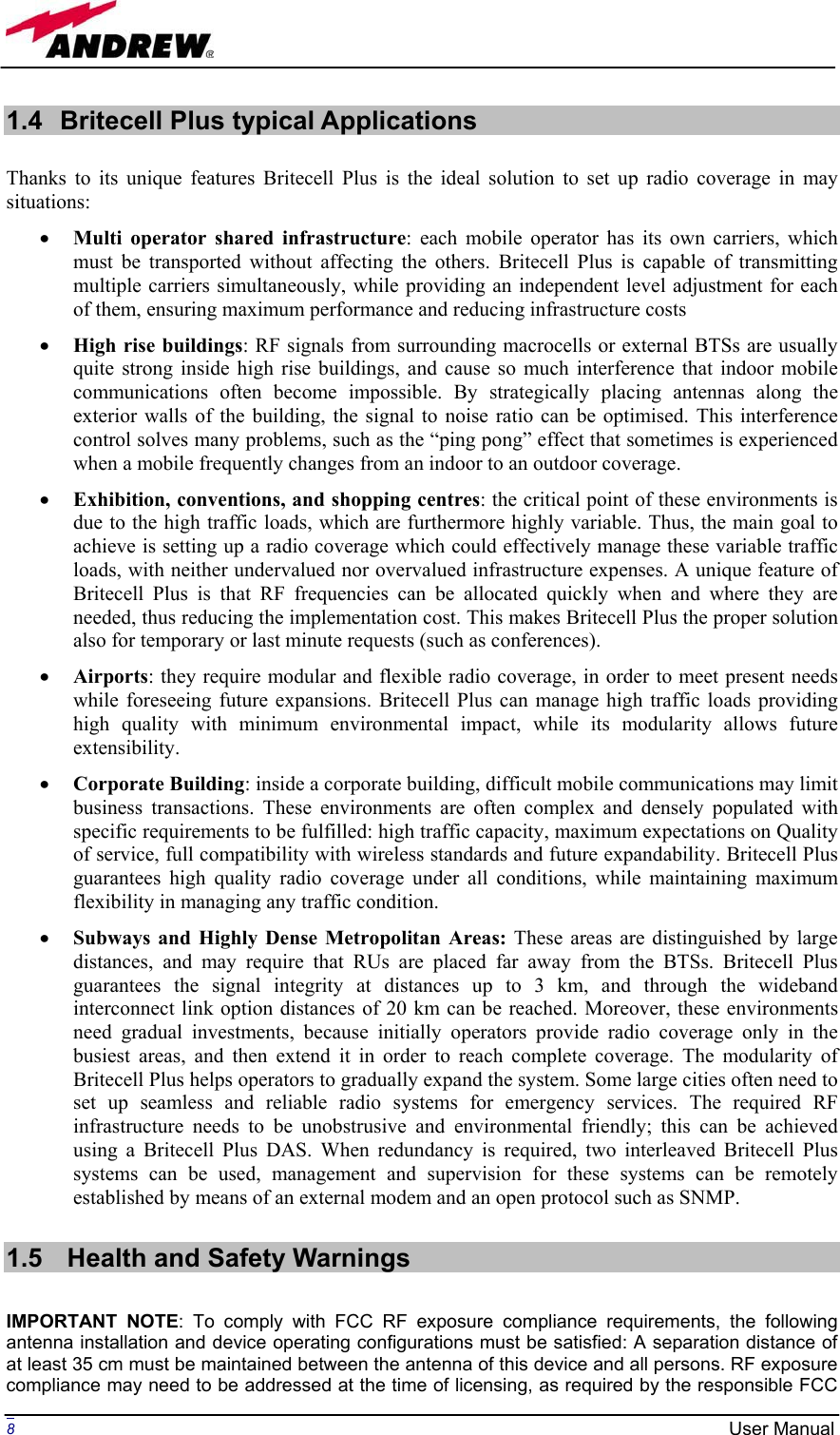 Page 8 of Andrew Wireless Innovations Group BCP-TFAM23 Model TFAM23 Downlink Booster User Manual MN024 04 rev3