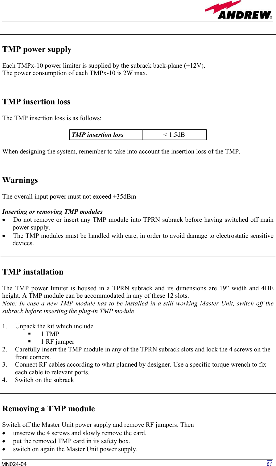 Page 81 of Andrew Wireless Innovations Group BCP-TFAM23 Model TFAM23 Downlink Booster User Manual MN024 04 rev3