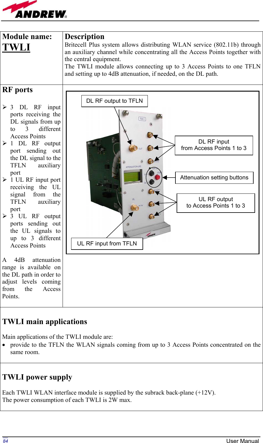 Page 84 of Andrew Wireless Innovations Group BCP-TFAM23 Model TFAM23 Downlink Booster User Manual MN024 04 rev3