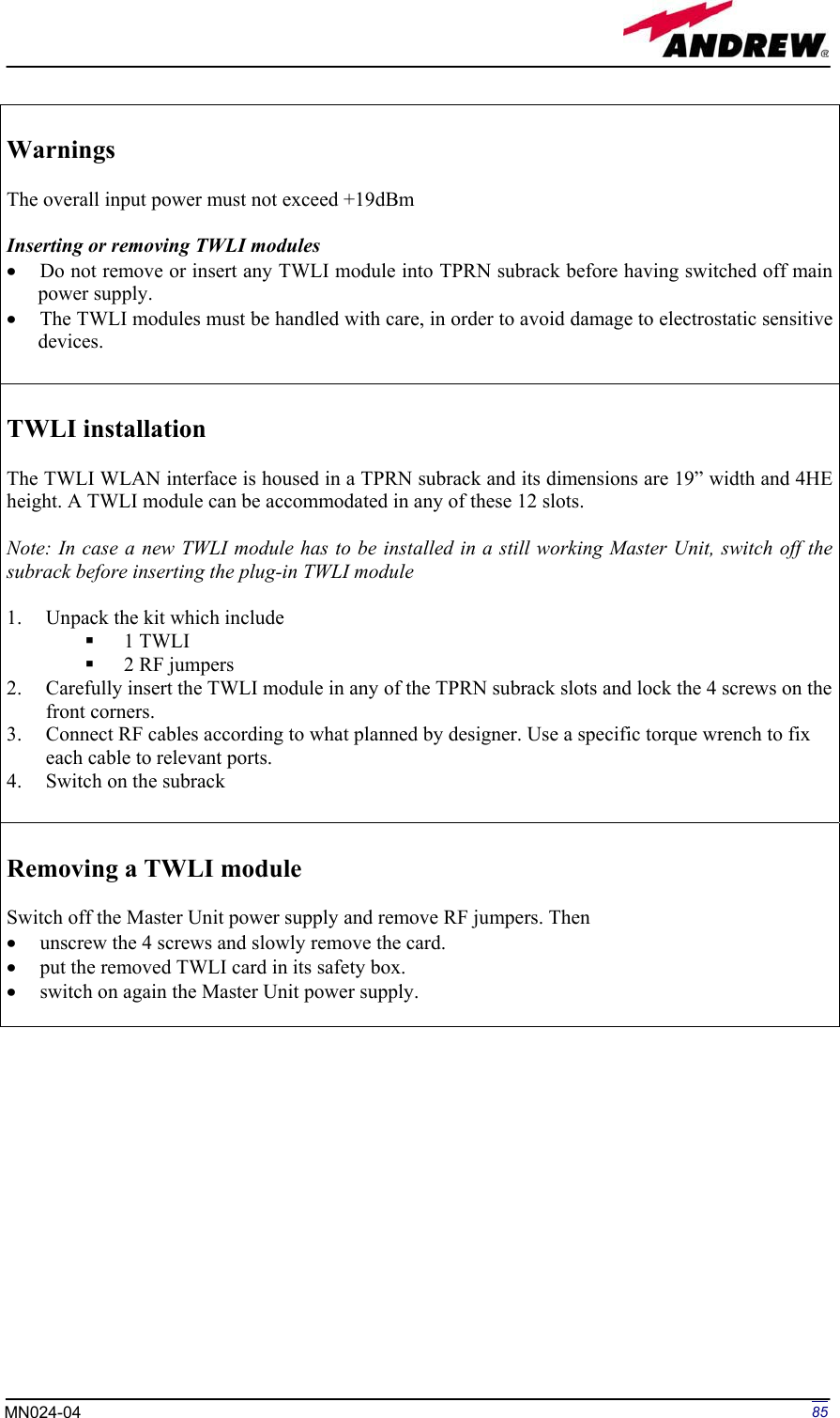 Page 85 of Andrew Wireless Innovations Group BCP-TFAM23 Model TFAM23 Downlink Booster User Manual MN024 04 rev3