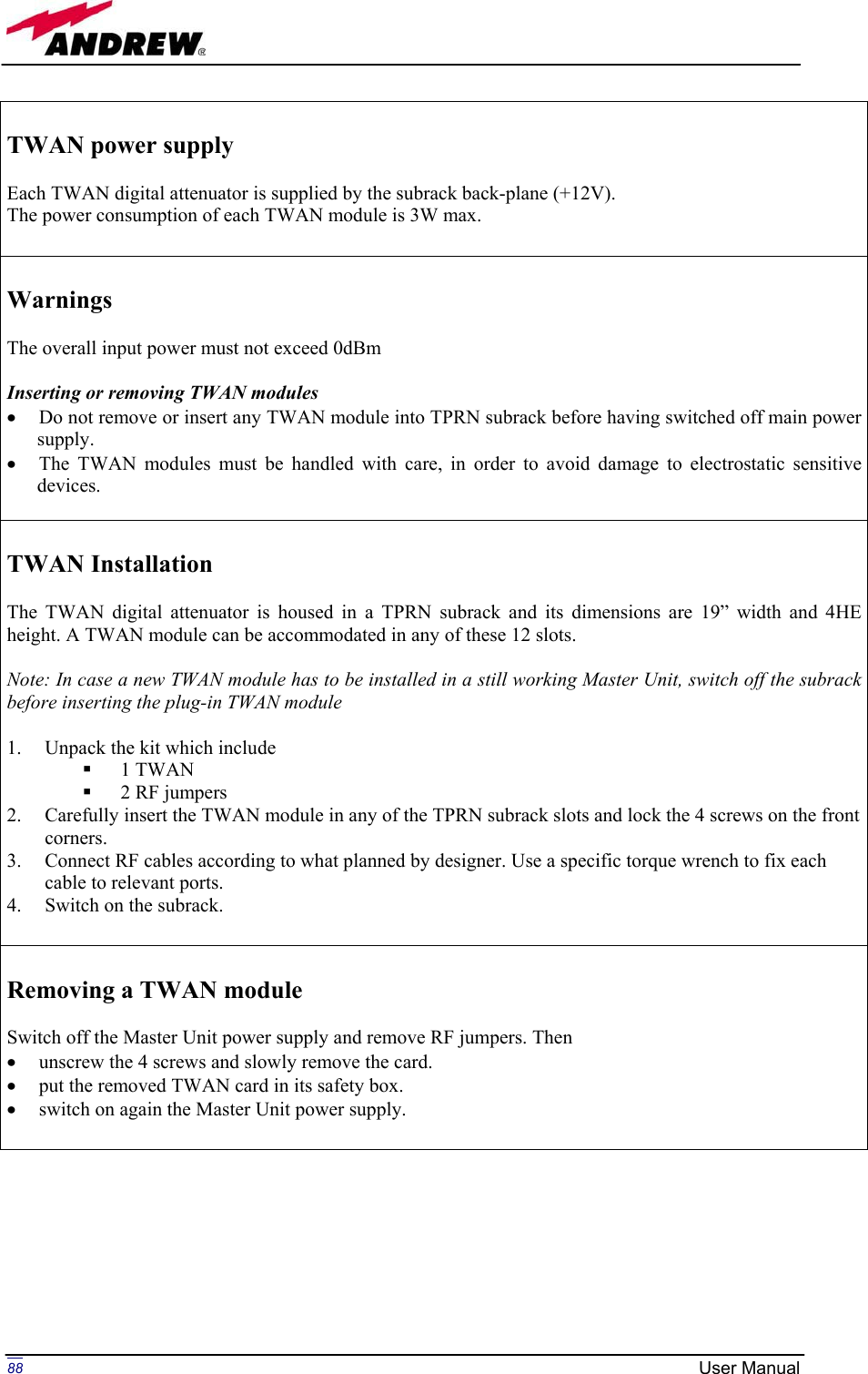 Page 88 of Andrew Wireless Innovations Group BCP-TFAM23 Model TFAM23 Downlink Booster User Manual MN024 04 rev3