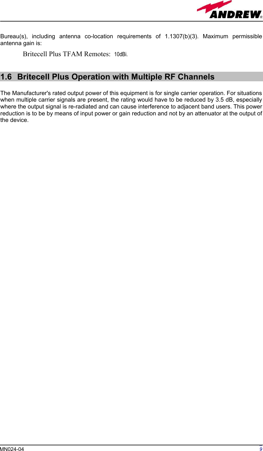 Page 9 of Andrew Wireless Innovations Group BCP-TFAM23 Model TFAM23 Downlink Booster User Manual MN024 04 rev3