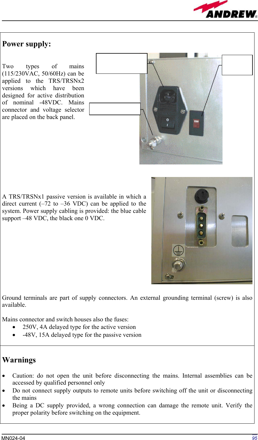 Page 95 of Andrew Wireless Innovations Group BCP-TFAM23 Model TFAM23 Downlink Booster User Manual MN024 04 rev3