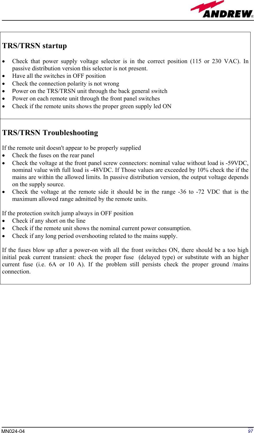 Page 97 of Andrew Wireless Innovations Group BCP-TFAM23 Model TFAM23 Downlink Booster User Manual MN024 04 rev3