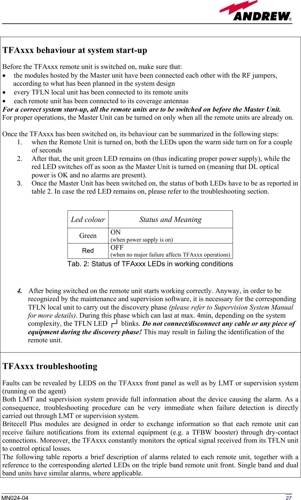 Page 2 of Andrew Wireless Innovations Group BCP-TFAM26 Model TFAM26 Downlink Booster User Manual 