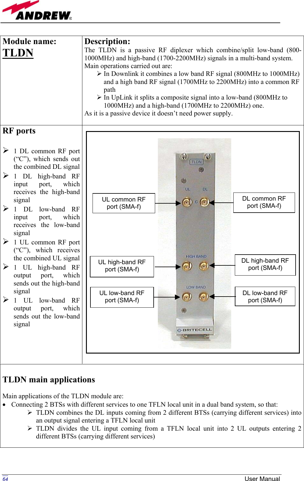   Module name:  TLDN  Description: The TLDN is a passive RF diplexer which combine/split low-band (800-1000MHz) and high-band (1700-2200MHz) signals in a multi-band system. Main operations carried out are:  In Downlink it combines a low band RF signal (800MHz to 1000MHz) and a high band RF signal (1700MHz to 2200MHz) into a common RF path   In UpLink it splits a composite signal into a low-band (800MHz to 1000MHz) and a high-band (1700MHz to 2200MHz) one. As it is a passive device it doesn’t need power supply.  RF ports   1 DL common RF port (“C”), which sends out the combined DL signal 1 DL high-band RF input port, which receives the high-band signal  1 DL low-band RF input port, which receives the low-band signal  1 UL common RF port (“C”), which receives the combined UL signal 1 UL high-band RF output port, which sends out the high-band signal  1 UL low-band RF output port, which sends out the low-band signal    TLDN main applications  Main applications of the TLDN module are: •  Connecting 2 BTSs with different services to one TFLN local unit in a dual band system, so that:  TLDN combines the DL inputs coming from 2 different BTSs (carrying different services) into an output signal entering a TFLN local unit  TLDN divides the UL input coming from a TFLN local unit into 2 UL outputs entering 2 different BTSs (carrying different services)  DL common RF port (SMA-f) DL high-band RF port (SMA-f) DL low-band RF port (SMA-f)UL high-band RF port (SMA-f) UL low-band RF port (SMA-f) UL common RF port (SMA-f)   64  User Manual