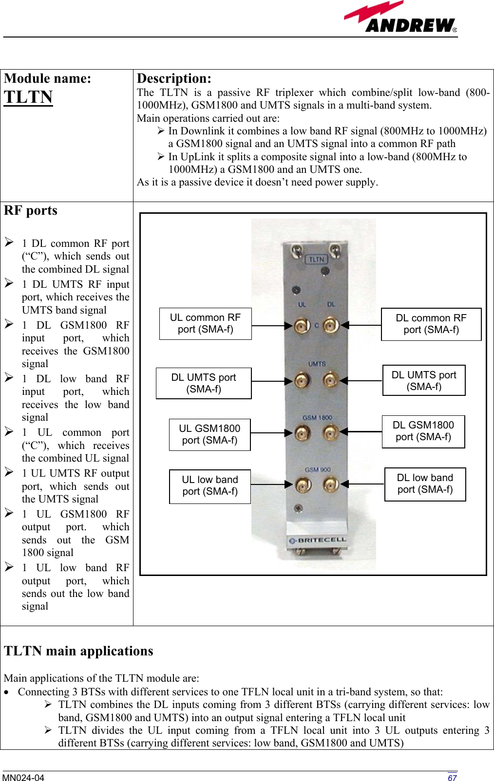   Module name:  TLTN   Description: The TLTN is a passive RF triplexer which combine/split low-band (800-1000MHz), GSM1800 and UMTS signals in a multi-band system. Main operations carried out are:  In Downlink it combines a low band RF signal (800MHz to 1000MHz) a GSM1800 signal and an UMTS signal into a common RF path   In UpLink it splits a composite signal into a low-band (800MHz to 1000MHz) a GSM1800 and an UMTS one. As it is a passive device it doesn’t need power supply.  RF ports   1 DL common RF port (“C”), which sends out the combined DL signal  1 DL UMTS RF input port, which receives the UMTS band signal  1 DL GSM1800 RF input port, which receives the GSM1800 signal  1 DL low band RF input port, which receives the low band signal  1 UL common port (“C”), which receives the combined UL signal  1 UL UMTS RF output port, which sends out the UMTS signal  1 UL GSM1800 RF output port. which sends out the GSM 1800 signal  1 UL low band RF output port, which sends out the low band signal    TLTN main applications  Main applications of the TLTN module are: •  Connecting 3 BTSs with different services to one TFLN local unit in a tri-band system, so that:  TLTN combines the DL inputs coming from 3 different BTSs (carrying different services: low band, GSM1800 and UMTS) into an output signal entering a TFLN local unit  TLTN divides the UL input coming from a TFLN local unit into 3 UL outputs entering 3 different BTSs (carrying different services: low band, GSM1800 and UMTS) DL common RF port (SMA-f) DL GSM1800 port (SMA-f) DL low band port (SMA-f)UL GSM1800 port (SMA-f)UL low band port (SMA-f)UL common RF port (SMA-f) DL UMTS port (SMA-f)DL UMTS port (SMA-f) 67MN024-04  