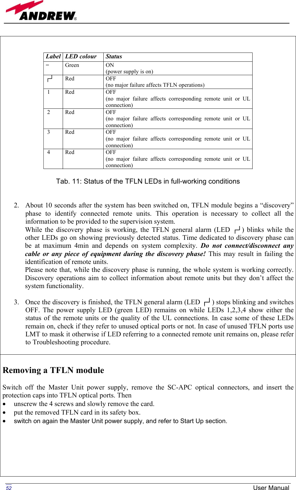    Label  LED colour  Status =  Green  ON (power supply is on) ┌┘ Red  OFF (no major failure affects TFLN operations)  1  Red  OFF (no major failure affects corresponding remote unit or UL connection)  2  Red  OFF (no major failure affects corresponding remote unit or UL connection)  3  Red  OFF (no major failure affects corresponding remote unit or UL connection)  4  Red  OFF (no major failure affects corresponding remote unit or UL connection)  Tab. 11: Status of the TFLN LEDs in full-working conditions   2.  About 10 seconds after the system has been switched on, TFLN module begins a “discovery” phase to identify connected remote units. This operation is necessary to collect all the information to be provided to the supervision system. While the discovery phase is working, the TFLN general alarm (LED ┌┘) blinks while the other LEDs go on showing previously detected status. Time dedicated to discovery phase can be at maximum 4min and depends on system complexity. Do not connect/disconnect any cable or any piece of equipment during the discovery phase! This may result in failing the identification of remote units. Please note that, while the discovery phase is running, the whole system is working correctly. Discovery operations aim to collect information about remote units but they don’t affect the system functionality.  3.  Once the discovery is finished, the TFLN general alarm (LED ┌┘) stops blinking and switches OFF. The power supply LED (green LED) remains on while LEDs 1,2,3,4 show either the status of the remote units or the quality of the UL connections. In case some of these LEDs remain on, check if they refer to unused optical ports or not. In case of unused TFLN ports use LMT to mask it otherwise if LED referring to a connected remote unit remains on, please refer to Troubleshooting procedure.   Removing a TFLN module  Switch off the Master Unit power supply, remove the SC-APC optical connectors, and insert the protection caps into TFLN optical ports. Then  •  unscrew the 4 screws and slowly remove the card. •  put the removed TFLN card in its safety box. •  switch on again the Master Unit power supply, and refer to Start Up section.    52  User Manual