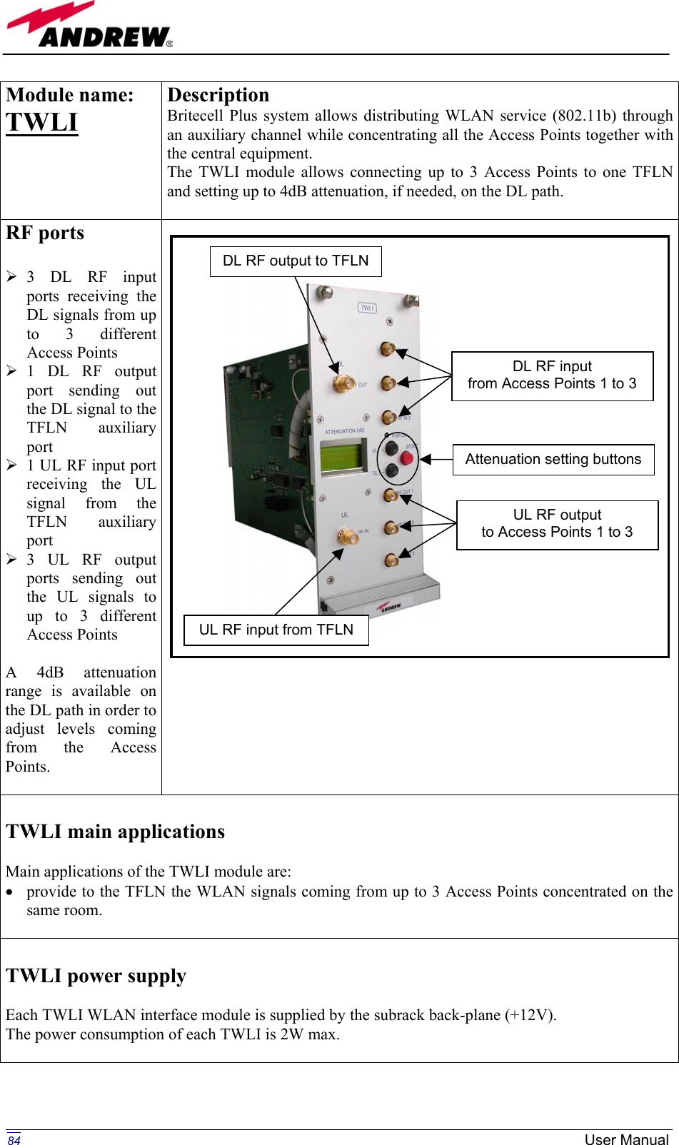   Module name: TWLI Description Britecell Plus system allows distributing WLAN service (802.11b) through an auxiliary channel while concentrating all the Access Points together with the central equipment. The TWLI module allows connecting up to 3 Access Points to one TFLN and setting up to 4dB attenuation, if needed, on the DL path.  RF ports   3 DL RF input ports receiving the DL signals from up to 3 different Access Points  1 DL RF output port sending out the DL signal to the TFLN auxiliary port  1 UL RF input port receiving the UL signal from the TFLN auxiliary port  3 UL RF output ports sending out the UL signals to up to 3 different Access Points  A 4dB attenuation range is available on the DL path in order to adjust levels coming from the Access Points.       TWLI main applications  Main applications of the TWLI module are: •  provide to the TFLN the WLAN signals coming from up to 3 Access Points concentrated on the same room.   TWLI power supply  Each TWLI WLAN interface module is supplied by the subrack back-plane (+12V). The power consumption of each TWLI is 2W max.   DL RF input from Access Points 1 to 3 Attenuation setting buttons DL RF output to TFLNUL RF input from TFLNUL RF output to Access Points 1 to 3   84  User Manual