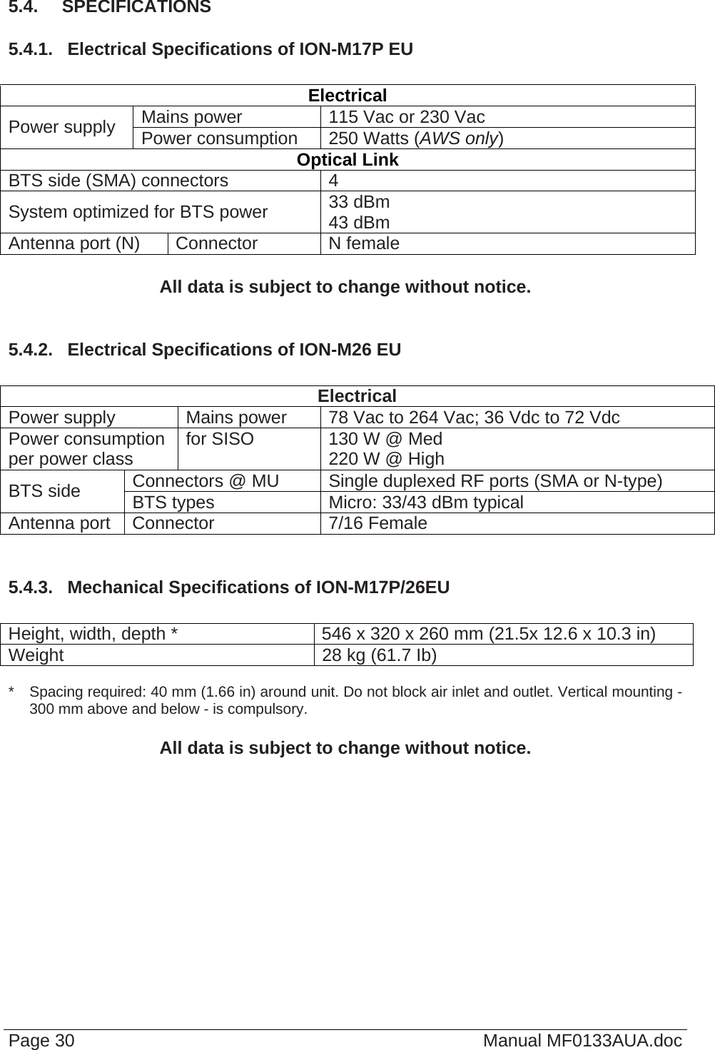  Page 30  Manual MF0133AUA.doc 5.4.  SPECIFICATIONS 5.4.1.  Electrical Specifications of ION-M17P EU  Electrical Mains power  115 Vac or 230 Vac Power supply  Power consumption  250 Watts (AWS only) Optical Link BTS side (SMA) connectors 4 System optimized for BTS power  33 dBm 43 dBm Antenna port (N)  Connector  N female  All data is subject to change without notice.  5.4.2.  Electrical Specifications of ION-M26 EU  Electrical Power supply  Mains power  78 Vac to 264 Vac; 36 Vdc to 72 Vdc Power consumption per power class  for SISO  130 W @ Med 220 W @ High Connectors @ MU  Single duplexed RF ports (SMA or N-type) BTS side  BTS types  Micro: 33/43 dBm typical Antenna port  Connector  7/16 Female  5.4.3.  Mechanical Specifications of ION-M17P/26EU  Height, width, depth *  546 x 320 x 260 mm (21.5x 12.6 x 10.3 in). Weight  28 kg (61.7 Ib)  *  Spacing required: 40 mm (1.66 in) around unit. Do not block air inlet and outlet. Vertical mounting - 300 mm above and below - is compulsory.  All data is subject to change without notice. 