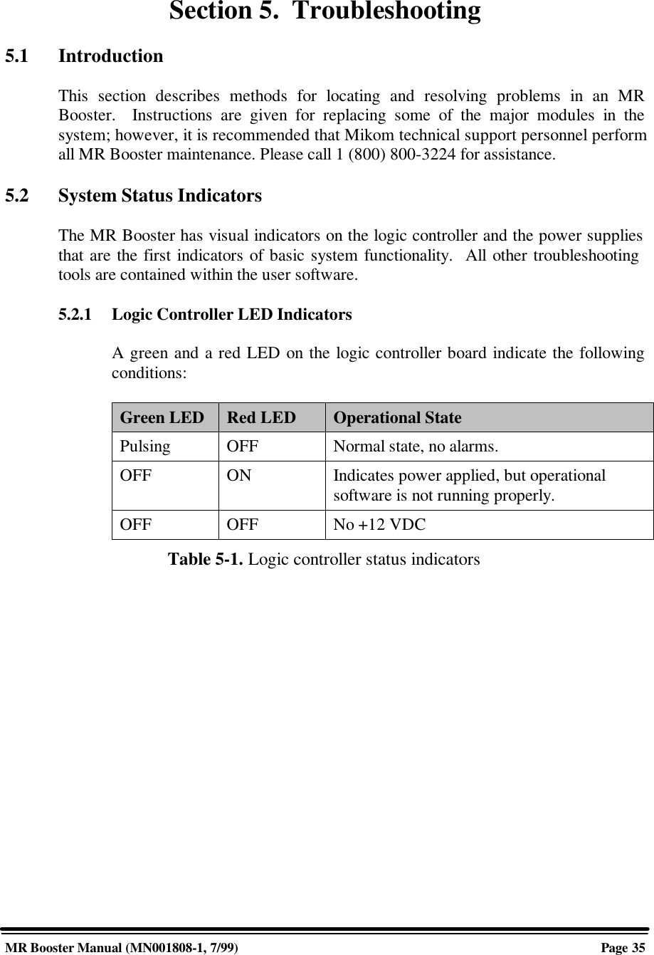 MR Booster Manual (MN001808-1, 7/99)Page 35Section 5.  Troubleshooting5.1 IntroductionThis section describes methods for locating and resolving problems in an MRBooster.  Instructions are given for replacing some of the major modules in thesystem; however, it is recommended that Mikom technical support personnel performall MR Booster maintenance. Please call 1 (800) 800-3224 for assistance.5.2 System Status IndicatorsThe MR Booster has visual indicators on the logic controller and the power suppliesthat are the first indicators of basic system functionality.  All other troubleshootingtools are contained within the user software.5.2.1 Logic Controller LED IndicatorsA green and a red LED on the logic controller board indicate the followingconditions:Green LED Red LED Operational StatePulsing OFF Normal state, no alarms.OFF ON Indicates power applied, but operationalsoftware is not running properly.OFF OFF No +12 VDCTable 5-1. Logic controller status indicators