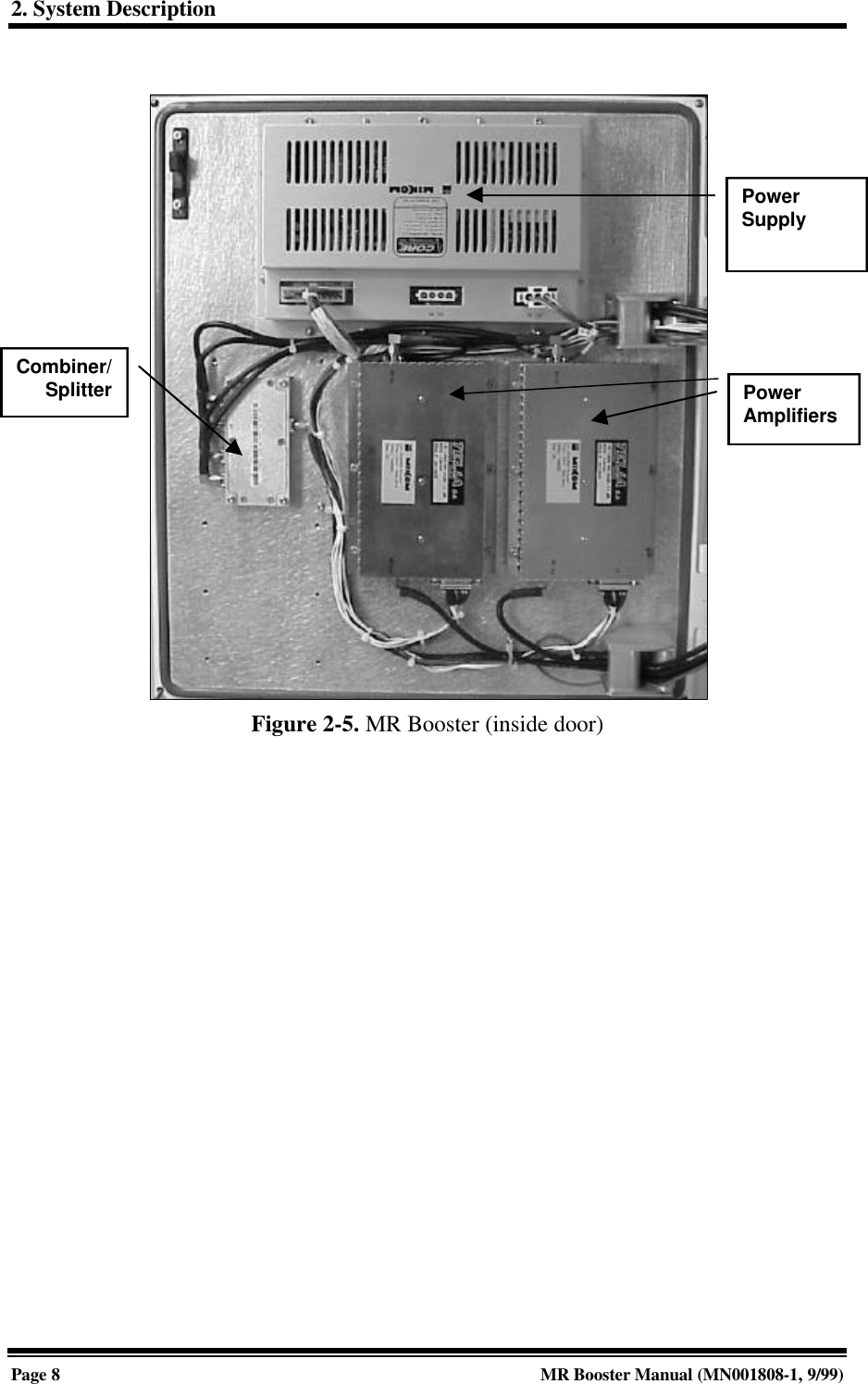 2. System DescriptionPage 8MR Booster Manual (MN001808-1, 9/99)Figure 2-5. MR Booster (inside door)PowerSupplyPowerAmplifiersCombiner/Splitter