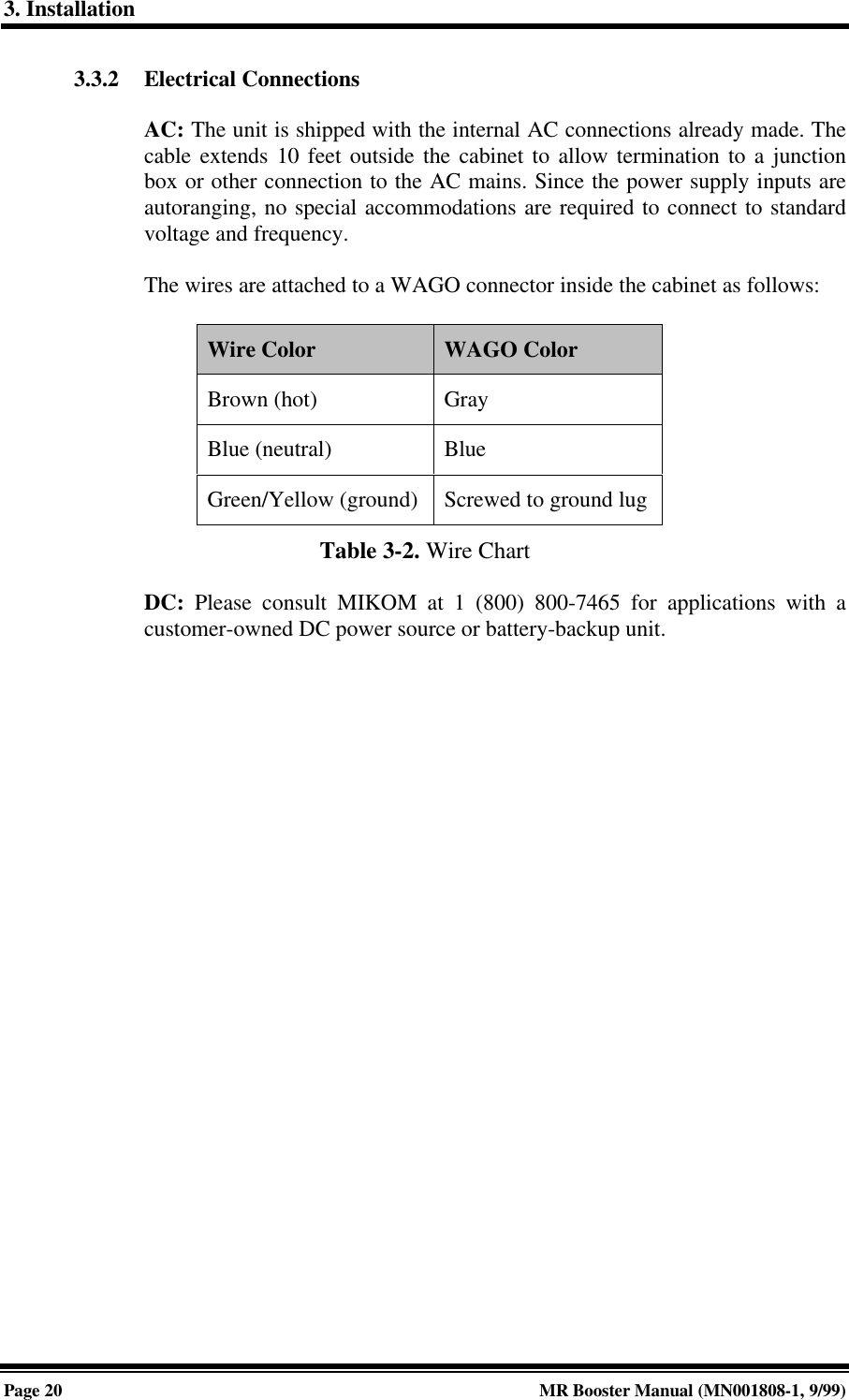 3. InstallationPage 20 MR Booster Manual (MN001808-1, 9/99)3.3.2 Electrical ConnectionsAC: The unit is shipped with the internal AC connections already made. Thecable extends 10 feet outside the cabinet to allow termination to a junctionbox or other connection to the AC mains. Since the power supply inputs areautoranging, no special accommodations are required to connect to standardvoltage and frequency.The wires are attached to a WAGO connector inside the cabinet as follows:Wire Color WAGO ColorBrown (hot) GrayBlue (neutral) BlueGreen/Yellow (ground) Screwed to ground lugTable 3-2. Wire ChartDC: Please consult MIKOM at 1 (800) 800-7465 for applications with acustomer-owned DC power source or battery-backup unit.