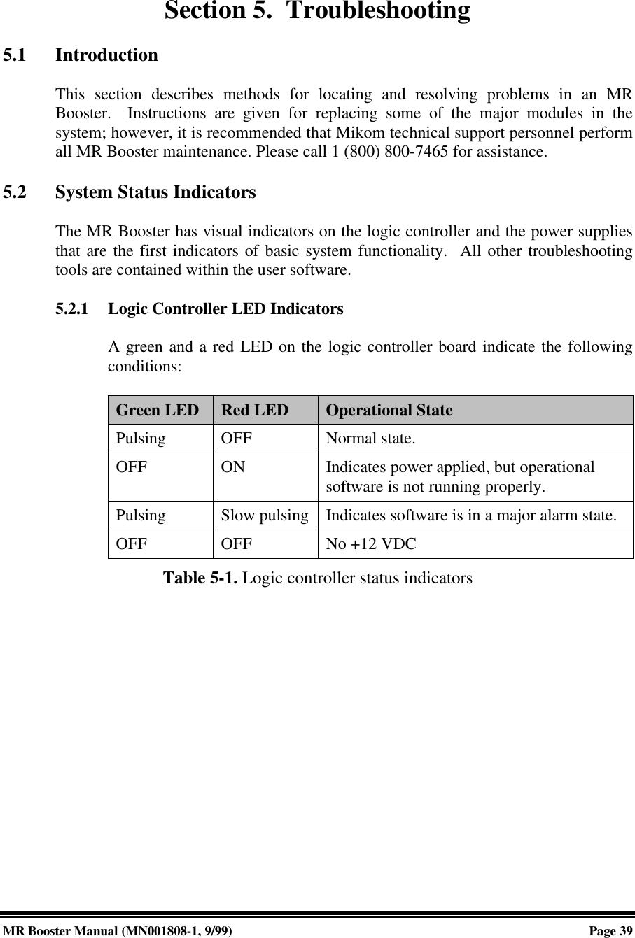 MR Booster Manual (MN001808-1, 9/99)Page 39Section 5.  Troubleshooting5.1 IntroductionThis section describes methods for locating and resolving problems in an MRBooster.  Instructions are given for replacing some of the major modules in thesystem; however, it is recommended that Mikom technical support personnel performall MR Booster maintenance. Please call 1 (800) 800-7465 for assistance.5.2 System Status IndicatorsThe MR Booster has visual indicators on the logic controller and the power suppliesthat are the first indicators of basic system functionality.  All other troubleshootingtools are contained within the user software.5.2.1 Logic Controller LED IndicatorsA green and a red LED on the logic controller board indicate the followingconditions:Green LED Red LED Operational StatePulsing OFF Normal state.OFF ON Indicates power applied, but operationalsoftware is not running properly.Pulsing Slow pulsing Indicates software is in a major alarm state.OFF OFF No +12 VDCTable 5-1. Logic controller status indicators