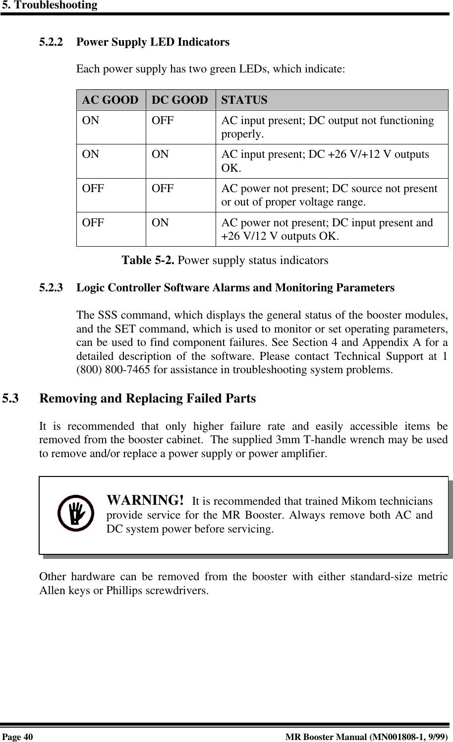 5. TroubleshootingPage 40 MR Booster Manual (MN001808-1, 9/99)5.2.2 Power Supply LED IndicatorsEach power supply has two green LEDs, which indicate:AC GOOD DC GOOD STATUSON OFF AC input present; DC output not functioningproperly.ON ON AC input present; DC +26 V/+12 V outputsOK.OFF OFF AC power not present; DC source not presentor out of proper voltage range.OFF ON AC power not present; DC input present and+26 V/12 V outputs OK.Table 5-2. Power supply status indicators5.2.3 Logic Controller Software Alarms and Monitoring ParametersThe SSS command, which displays the general status of the booster modules,and the SET command, which is used to monitor or set operating parameters,can be used to find component failures. See Section 4 and Appendix A for adetailed description of the software. Please contact Technical Support at 1(800) 800-7465 for assistance in troubleshooting system problems.5.3 Removing and Replacing Failed PartsIt is recommended that only higher failure rate and easily accessible items beremoved from the booster cabinet.  The supplied 3mm T-handle wrench may be usedto remove and/or replace a power supply or power amplifier.Other hardware can be removed from the booster with either standard-size metricAllen keys or Phillips screwdrivers.WARNING!  It is recommended that trained Mikom techniciansprovide service for the MR Booster. Always remove both AC andDC system power before servicing.