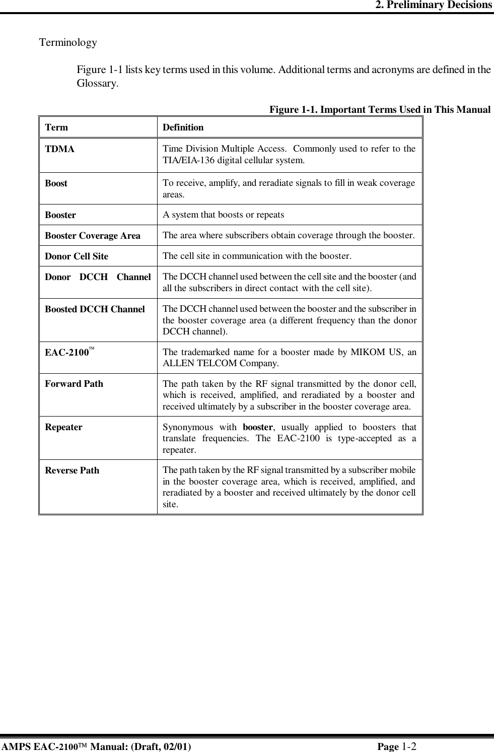 2. Preliminary Decisions AMPS EAC-2100 Manual: (Draft, 02/01) Page 1-2 Terminology  Figure 1-1 lists key terms used in this volume. Additional terms and acronyms are defined in the Glossary.  Figure 1-1. Important Terms Used in This Manual Term Definition TDMA Time Division Multiple Access.  Commonly used to refer to the TIA/EIA-136 digital cellular system. Boost To receive, amplify, and reradiate signals to fill in weak coverage areas. Booster A system that boosts or repeats Booster Coverage Area The area where subscribers obtain coverage through the booster. Donor Cell Site The cell site in communication with the booster. Donor DCCH Channel  The DCCH channel used between the cell site and the booster (and all the subscribers in direct contact with the cell site). Boosted DCCH Channel The DCCH channel used between the booster and the subscriber in the booster coverage area (a different frequency than the donor DCCH channel). EAC-2100 The trademarked name for a booster made by MIKOM US, an ALLEN TELCOM Company. Forward Path The path taken by the RF signal transmitted by the donor cell, which is received, amplified, and reradiated by a booster and received ultimately by a subscriber in the booster coverage area. Repeater Synonymous with booster, usually applied to boosters that translate frequencies. The EAC-2100 is type-accepted as a repeater. Reverse Path The path taken by the RF signal transmitted by a subscriber mobile in the booster coverage area, which is received, amplified, and reradiated by a booster and received ultimately by the donor cell site.   