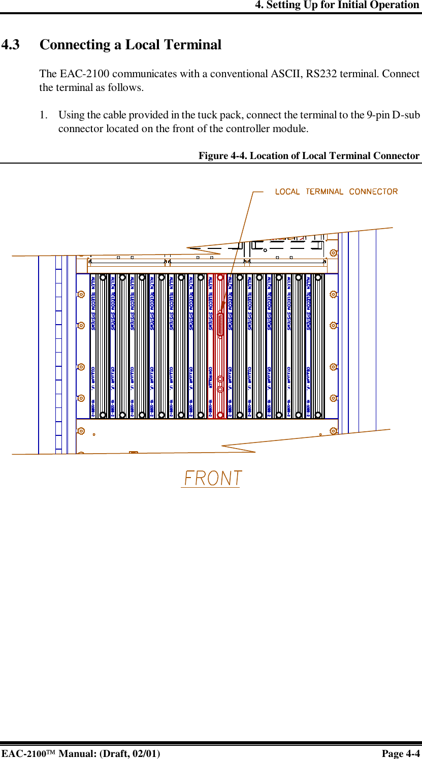 4. Setting Up for Initial Operation EAC-2100 Manual: (Draft, 02/01) Page 4-4 4.3 Connecting a Local Terminal  The EAC-2100 communicates with a conventional ASCII, RS232 terminal. Connect the terminal as follows.  1. Using the cable provided in the tuck pack, connect the terminal to the 9-pin D-sub connector located on the front of the controller module.  Figure 4-4. Location of Local Terminal Connector    