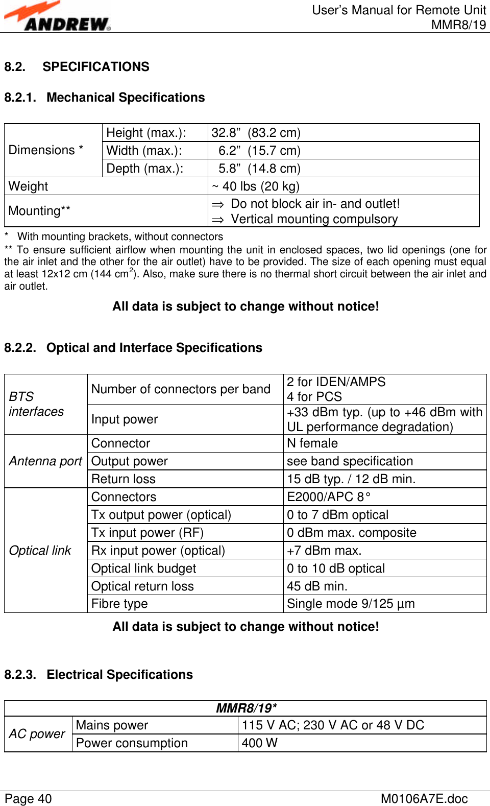 User’s Manual for Remote UnitMMR8/19Page 40 M0106A7E.doc8.2. SPECIFICATIONS8.2.1. Mechanical SpecificationsHeight (max.): 32.8”  (83.2 cm)Width (max.):   6.2”  (15.7 cm)Dimensions *Depth (max.):   5.8”  (14.8 cm)Weight ~ 40 lbs (20 kg)Mounting** ⇒ Do not block air in- and outlet!⇒ Vertical mounting compulsory*   With mounting brackets, without connectors** To ensure sufficient airflow when mounting the unit in enclosed spaces, two lid openings (one forthe air inlet and the other for the air outlet) have to be provided. The size of each opening must equalat least 12x12 cm (144 cm2). Also, make sure there is no thermal short circuit between the air inlet andair outlet.All data is subject to change without notice!8.2.2. Optical and Interface SpecificationsNumber of connectors per band 2 for IDEN/AMPS4 for PCSBTSinterfaces Input power +33 dBm typ. (up to +46 dBm withUL performance degradation)Connector N femaleOutput power see band specificationAntenna portReturn loss 15 dB typ. / 12 dB min.Connectors E2000/APC 8°Tx output power (optical) 0 to 7 dBm opticalTx input power (RF) 0 dBm max. compositeRx input power (optical) +7 dBm max.Optical link budget 0 to 10 dB opticalOptical return loss 45 dB min.Optical linkFibre type Single mode 9/125 µmAll data is subject to change without notice!8.2.3. Electrical SpecificationsMMR8/19*Mains power 115 V AC; 230 V AC or 48 V DCAC power Power consumption 400 W