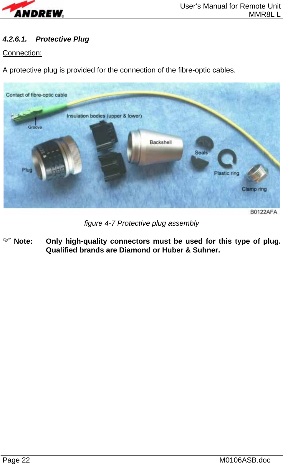  User’s Manual for Remote Unit MMR8L L Page 22    M0106ASB.doc  4.2.6.1. Protective Plug Connection:  A protective plug is provided for the connection of the fibre-optic cables.   figure 4-7 Protective plug assembly ) Note:  Only high-quality connectors must be used for this type of plug. Qualified brands are Diamond or Huber &amp; Suhner.  