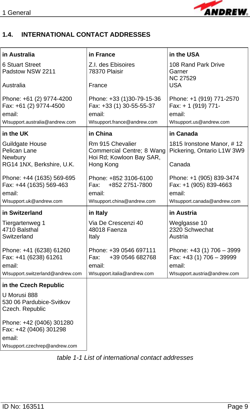 1 General  ID No: 163511      Page 9 1.4. INTERNATIONAL CONTACT ADDRESSES  in Australia 6 Stuart Street Padstow NSW 2211  Australia  Phone: +61 (2) 9774-4200 Fax: +61 (2) 9774-4500 email: WIsupport.australia@andrew.com in France Z.I. des Ebisoires 78370 Plaisir  France  Phone: +33 (1)30-79-15-36 Fax: +33 (1) 30-55-55-37 email: WIsupport.france@andrew.com in the USA 108 Rand Park Drive Garner NC 27529 USA  Phone: +1 (919) 771-2570 Fax: + 1 (919) 771- email: WIsupport.us@andrew.com in the UK Guildgate House Pelican Lane Newbury  RG14 1NX, Berkshire, U.K.  Phone: +44 (1635) 569-695 Fax: +44 (1635) 569-463 email: WIsupport.uk@andrew.com in China Rm 915 Chevalier Commercial Centre; 8 Wang Hoi Rd; Kowloon Bay SAR, Hong Kong  Phone: +852 3106-6100 Fax:     +852 2751-7800 email: WIsupport.china@andrew.com in Canada 1815 Ironstone Manor, # 12 Pickering, Ontario L1W 3W9  Canada  Phone: +1 (905) 839-3474 Fax: +1 (905) 839-4663 email: WIsupport.canada@andrew.com in Switzerland Tiergartenweg 1 4710 Balsthal Switzerland  Phone: +41 (6238) 61260 Fax: +41 (6238) 61261 email: WIsupport.switzerland@andrew.com in Italy Via De Crescenzi 40 48018 Faenza Italy  Phone: +39 0546 697111 Fax:   +39 0546 682768 email: WIsupport.italia@andrew.com in Austria Weglgasse 10 2320 Schwechat Austria  Phone: +43 (1) 706 – 3999 Fax: +43 (1) 706 – 39999 email: WIsupport.austria@andrew.com in the Czech Republic U Morusi 888 530 06 Pardubice-Svitkov Czech. Republic  Phone: +42 (0406) 301280 Fax: +42 (0406) 301298 email: WIsupport.czechrep@andrew.com   table 1-1 List of international contact addresses 