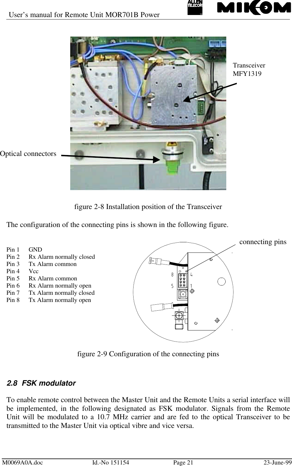 User’s manual for Remote Unit MOR701B PowerM0069A0A.doc Id.-No 151154 Page 21 23-June-99figure 2-8 Installation position of the TransceiverThe configuration of the connecting pins is shown in the following figure.Pin 1 GNDPin 2 Rx Alarm normally closedPin 3 Tx Alarm commonPin 4 VccPin 5 Rx Alarm commonPin 6 Rx Alarm normally openPin 7 Tx Alarm normally closedPin 8 Tx Alarm normally openfigure 2-9 Configuration of the connecting pins2.8 FSK modulatorTo enable remote control between the Master Unit and the Remote Units a serial interface willbe implemented, in the following designated as FSK modulator. Signals from the RemoteUnit will be modulated to a 10.7 MHz carrier and are fed to the optical Transceiver to betransmitted to the Master Unit via optical vibre and vice versa.TransceiverMFY1319Optical connectorsconnecting pins