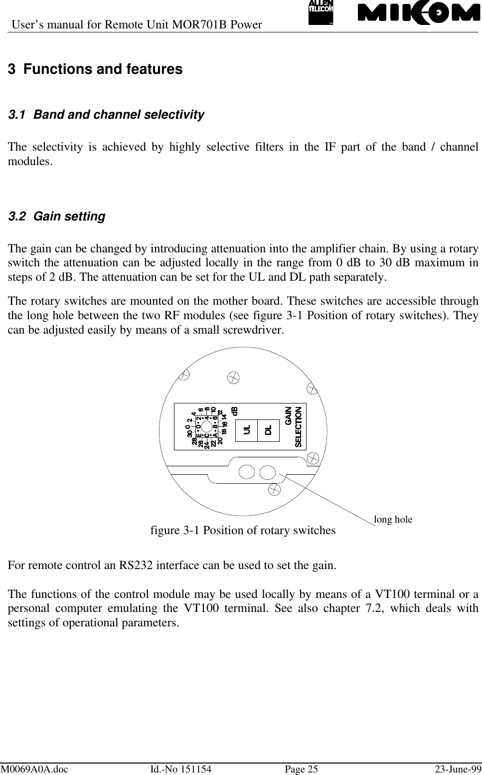 User’s manual for Remote Unit MOR701B PowerM0069A0A.doc Id.-No 151154 Page 25 23-June-993 Functions and features3.1 Band and channel selectivityThe selectivity is achieved by highly selective filters in the IF part of the band / channelmodules.3.2 Gain settingThe gain can be changed by introducing attenuation into the amplifier chain. By using a rotaryswitch the attenuation can be adjusted locally in the range from 0 dB to 30 dB maximum insteps of 2 dB. The attenuation can be set for the UL and DL path separately.The rotary switches are mounted on the mother board. These switches are accessible throughthe long hole between the two RF modules (see figure 3-1 Position of rotary switches). Theycan be adjusted easily by means of a small screwdriver.figure 3-1 Position of rotary switchesFor remote control an RS232 interface can be used to set the gain.The functions of the control module may be used locally by means of a VT100 terminal or apersonal computer emulating the VT100 terminal. See also chapter 7.2, which deals withsettings of operational parameters.long hole