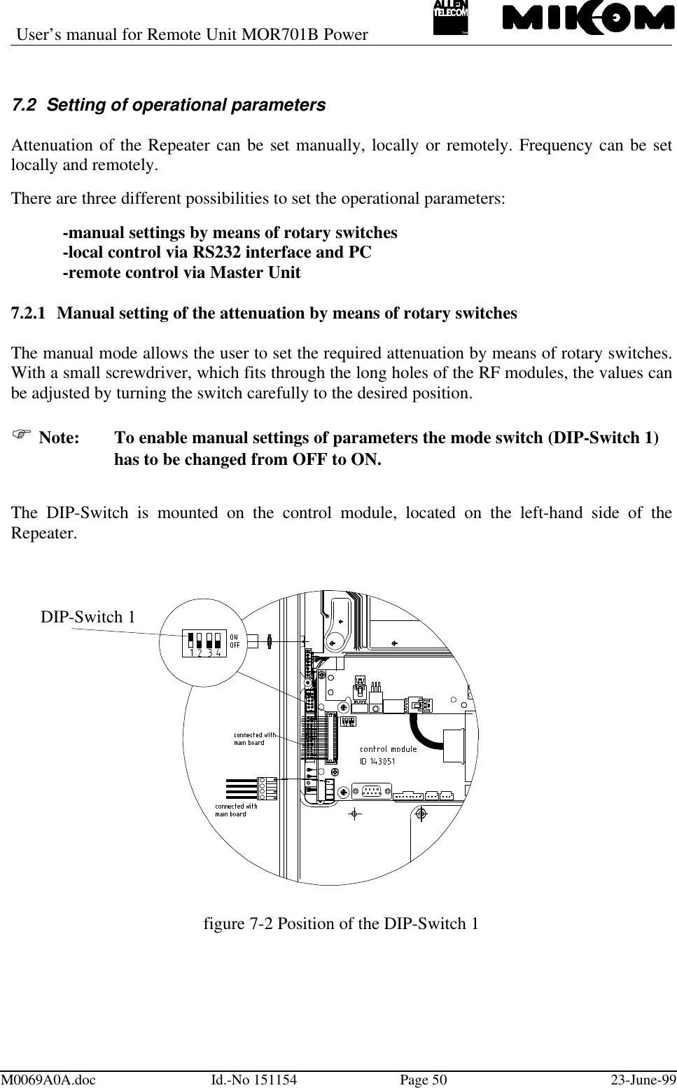 User’s manual for Remote Unit MOR701B PowerM0069A0A.doc Id.-No 151154 Page 50 23-June-997.2 Setting of operational parametersAttenuation of the Repeater can be set manually, locally or remotely. Frequency can be setlocally and remotely.There are three different possibilities to set the operational parameters:-manual settings by means of rotary switches-local control via RS232 interface and PC-remote control via Master Unit7.2.1 Manual setting of the attenuation by means of rotary switchesThe manual mode allows the user to set the required attenuation by means of rotary switches.With a small screwdriver, which fits through the long holes of the RF modules, the values canbe adjusted by turning the switch carefully to the desired position.F Note: To enable manual settings of parameters the mode switch (DIP-Switch 1)has to be changed from OFF to ON.The DIP-Switch is mounted on the control module, located on the left-hand side of theRepeater.figure 7-2 Position of the DIP-Switch 1DIP-Switch 1