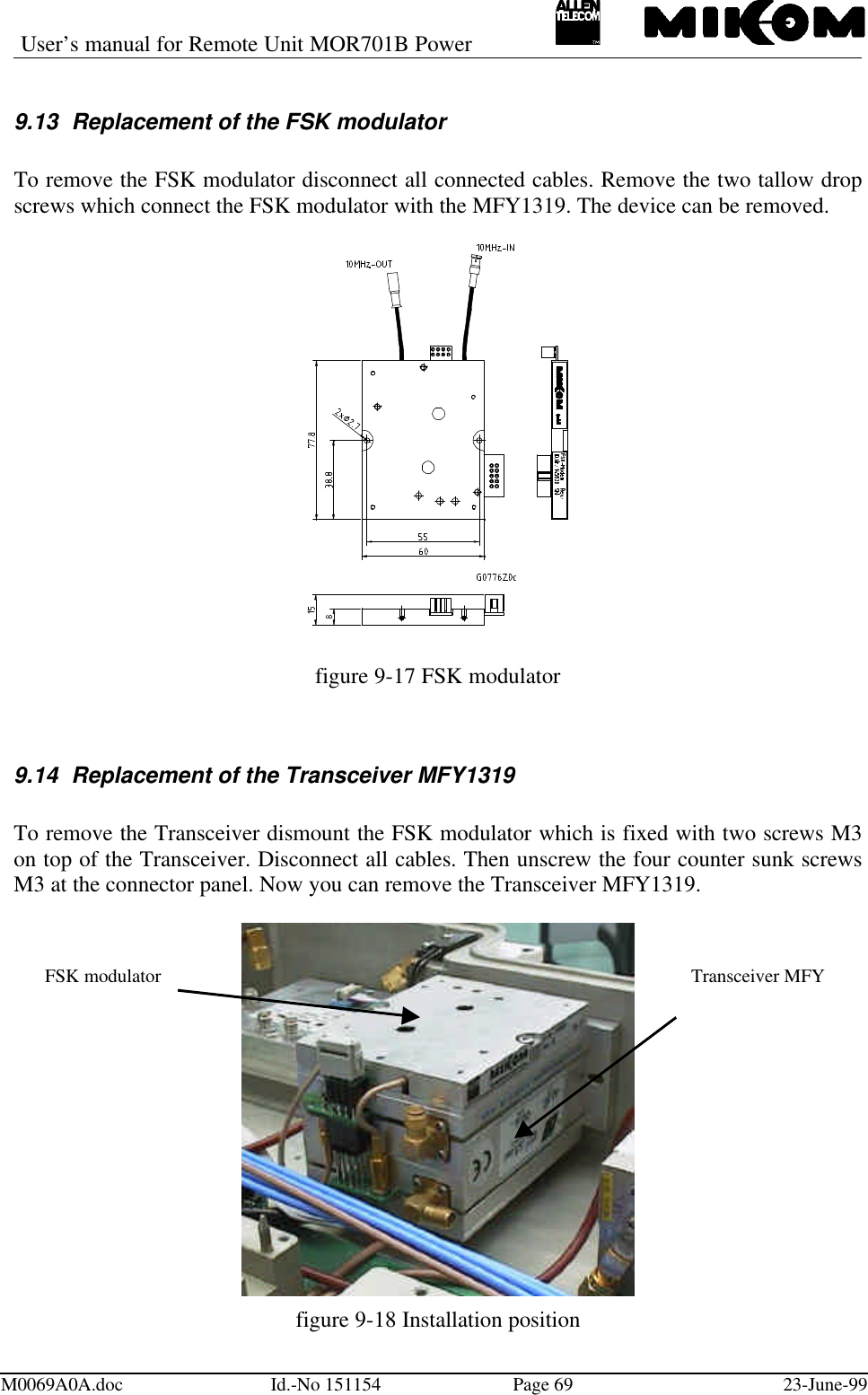 User’s manual for Remote Unit MOR701B PowerM0069A0A.doc Id.-No 151154 Page 69 23-June-999.13 Replacement of the FSK modulatorTo remove the FSK modulator disconnect all connected cables. Remove the two tallow dropscrews which connect the FSK modulator with the MFY1319. The device can be removed.figure 9-17 FSK modulator9.14 Replacement of the Transceiver MFY1319To remove the Transceiver dismount the FSK modulator which is fixed with two screws M3on top of the Transceiver. Disconnect all cables. Then unscrew the four counter sunk screwsM3 at the connector panel. Now you can remove the Transceiver MFY1319.figure 9-18 Installation positionTransceiver MFYFSK modulator