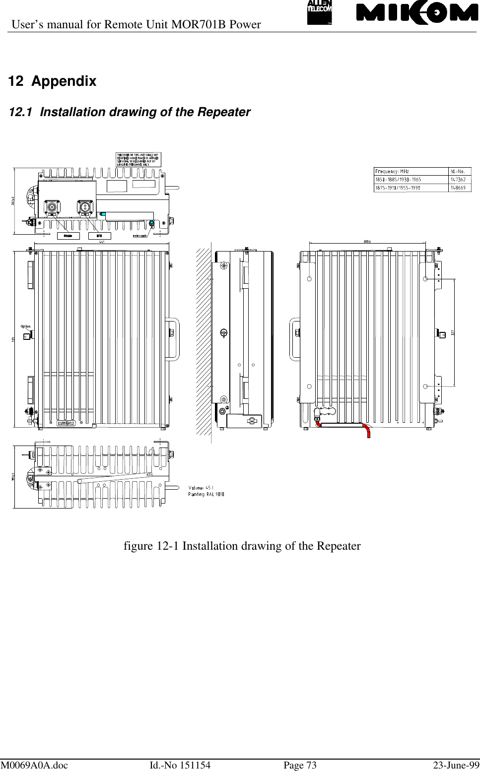 User’s manual for Remote Unit MOR701B PowerM0069A0A.doc Id.-No 151154 Page 73 23-June-9912 Appendix12.1 Installation drawing of the Repeaterfigure 12-1 Installation drawing of the Repeater
