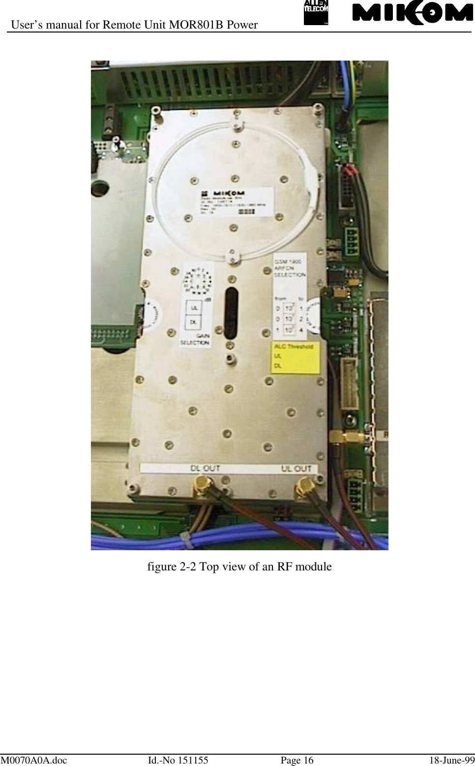 User’s manual for Remote Unit MOR801B PowerM0070A0A.doc Id.-No 151155 Page 16 18-June-99figure 2-2 Top view of an RF module