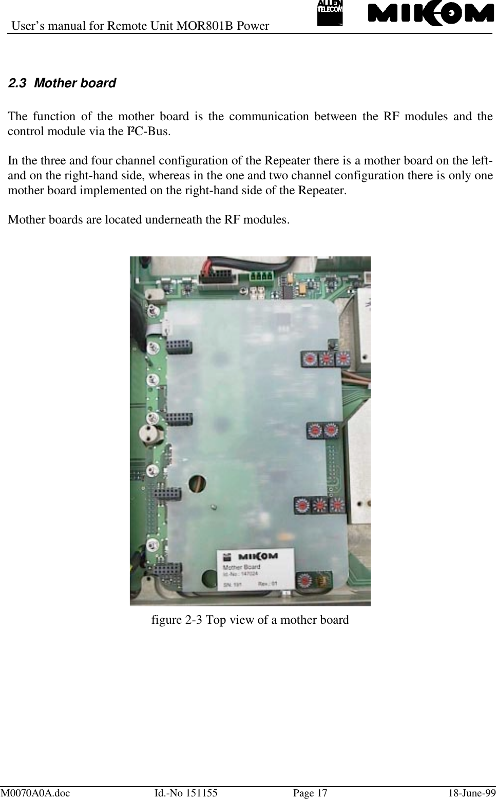 User’s manual for Remote Unit MOR801B PowerM0070A0A.doc Id.-No 151155 Page 17 18-June-992.3  Mother boardThe function of the mother board is the communication between the RF modules and thecontrol module via the I²C-Bus.In the three and four channel configuration of the Repeater there is a mother board on the left-and on the right-hand side, whereas in the one and two channel configuration there is only onemother board implemented on the right-hand side of the Repeater.Mother boards are located underneath the RF modules.figure 2-3 Top view of a mother board