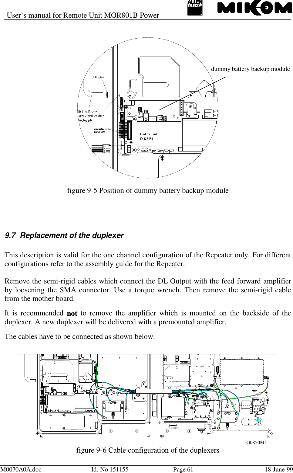 User’s manual for Remote Unit MOR801B PowerM0070A0A.doc Id.-No 151155 Page 61 18-June-99figure 9-5 Position of dummy battery backup module9.7  Replacement of the duplexerThis description is valid for the one channel configuration of the Repeater only. For differentconfigurations refer to the assembly guide for the Repeater.Remove the semi-rigid cables which connect the DL Output with the feed forward amplifierby loosening the SMA connector. Use a torque wrench. Then remove the semi-rigid cablefrom the mother board.It is recommended not to remove the amplifier which is mounted on the backside of theduplexer. A new duplexer will be delivered with a premounted amplifier.The cables have to be connected as shown below.figure 9-6 Cable configuration of the duplexersdummy battery backup moduleG0850M1