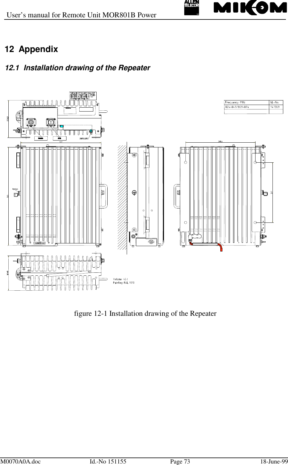 User’s manual for Remote Unit MOR801B PowerM0070A0A.doc Id.-No 151155 Page 73 18-June-9912 Appendix12.1  Installation drawing of the Repeaterfigure 12-1 Installation drawing of the Repeater