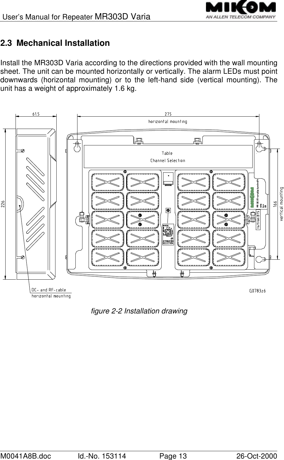 User’s Manual for Repeater MR303D VariaM0041A8B.doc Id.-No. 153114 Page 13 26-Oct-20002.3 Mechanical InstallationInstall the MR303D Varia according to the directions provided with the wall mountingsheet. The unit can be mounted horizontally or vertically. The alarm LEDs must pointdownwards (horizontal mounting) or to the left-hand side (vertical mounting). Theunit has a weight of approximately 1.6 kg.figure 2-2 Installation drawing