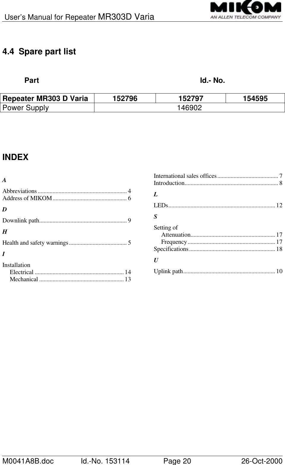 User’s Manual for Repeater MR303D VariaM0041A8B.doc Id.-No. 153114 Page 20 26-Oct-20004.4 Spare part listPart Id.- No.Repeater MR303 D Varia 152796 152797 154595Power Supply 146902INDEXAAbbreviations............................................................ 4Address of MIKOM.................................................. 6DDownlink path........................................................... 9HHealth and safety warnings....................................... 5IInstallationElectrical ............................................................14Mechanical .........................................................13International sales offices......................................... 7Introduction............................................................... 8LLEDs........................................................................12SSetting ofAttenuation.........................................................17Frequency...........................................................17Specifications..........................................................18UUplink path..............................................................10