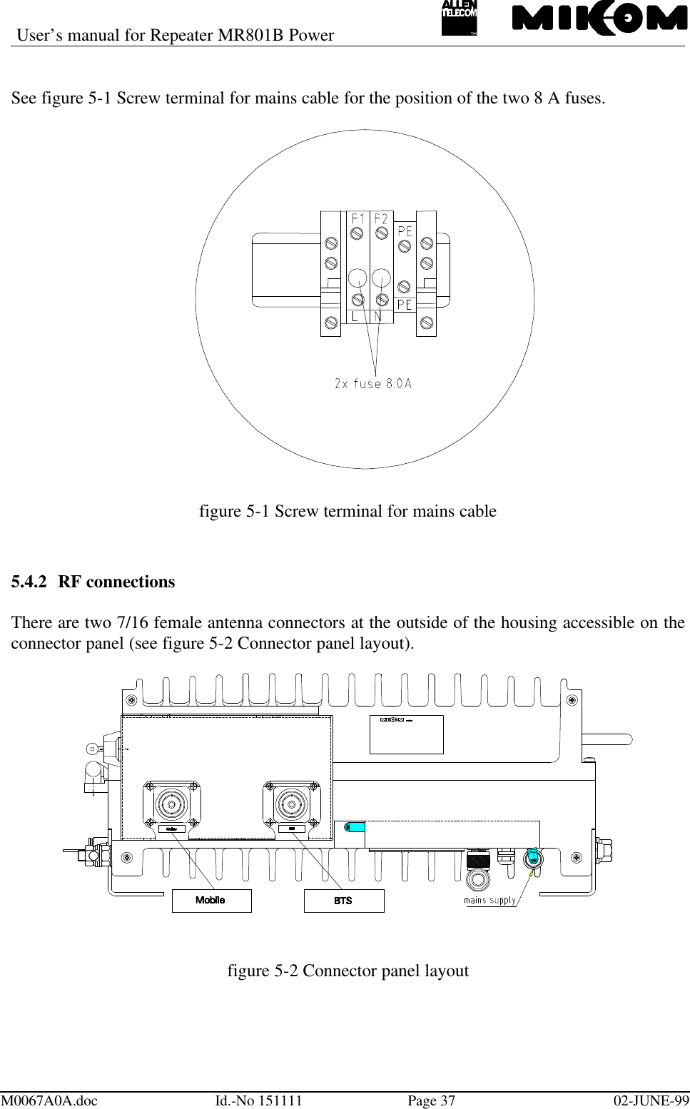 User’s manual for Repeater MR801B PowerM0067A0A.doc Id.-No 151111 Page 37 02-JUNE-99See figure 5-1 Screw terminal for mains cable for the position of the two 8 A fuses.figure 5-1 Screw terminal for mains cable5.4.2 RF connectionsThere are two 7/16 female antenna connectors at the outside of the housing accessible on theconnector panel (see figure 5-2 Connector panel layout).figure 5-2 Connector panel layout
