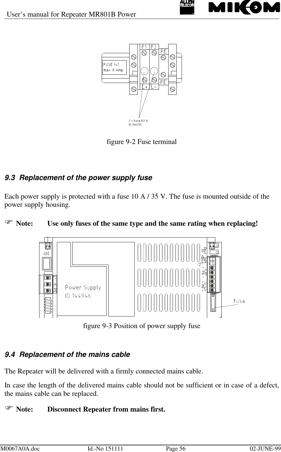 User’s manual for Repeater MR801B PowerM0067A0A.doc Id.-No 151111 Page 56 02-JUNE-99figure 9-2 Fuse terminal9.3 Replacement of the power supply fuseEach power supply is protected with a fuse 10 A / 35 V. The fuse is mounted outside of thepower supply housing.F Note:  Use only fuses of the same type and the same rating when replacing!figure 9-3 Position of power supply fuse9.4 Replacement of the mains cableThe Repeater will be delivered with a firmly connected mains cable.In case the length of the delivered mains cable should not be sufficient or in case of a defect,the mains cable can be replaced.F Note: Disconnect Repeater from mains first.