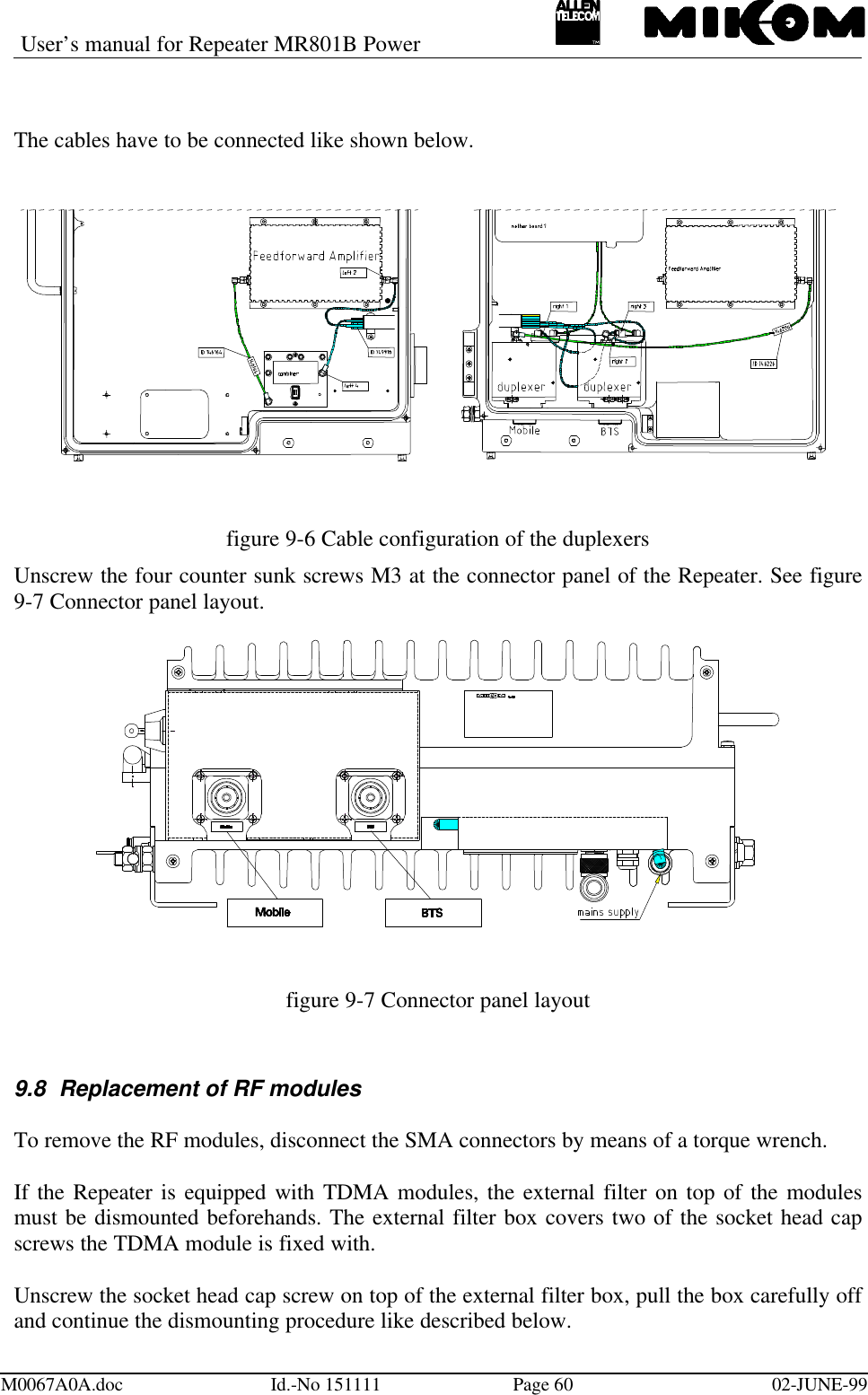 User’s manual for Repeater MR801B PowerM0067A0A.doc Id.-No 151111 Page 60 02-JUNE-99The cables have to be connected like shown below.figure 9-6 Cable configuration of the duplexersUnscrew the four counter sunk screws M3 at the connector panel of the Repeater. See figure9-7 Connector panel layout.figure 9-7 Connector panel layout9.8 Replacement of RF modulesTo remove the RF modules, disconnect the SMA connectors by means of a torque wrench.If the Repeater is equipped with TDMA modules, the external filter on top of the modulesmust be dismounted beforehands. The external filter box covers two of the socket head capscrews the TDMA module is fixed with.Unscrew the socket head cap screw on top of the external filter box, pull the box carefully offand continue the dismounting procedure like described below.