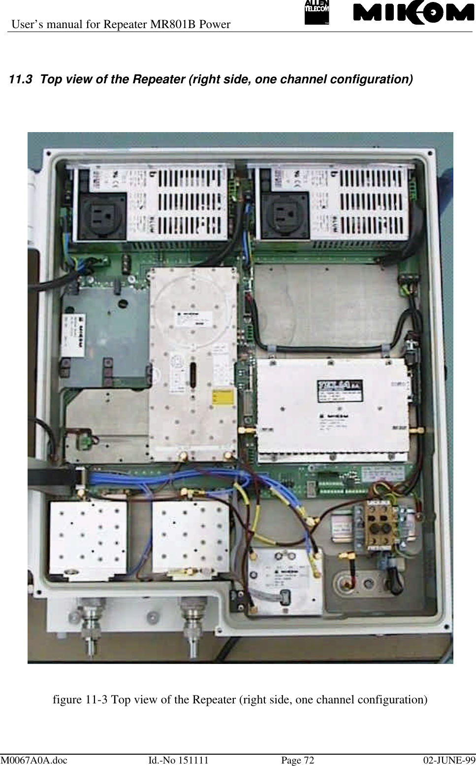 User’s manual for Repeater MR801B PowerM0067A0A.doc Id.-No 151111 Page 72 02-JUNE-9911.3 Top view of the Repeater (right side, one channel configuration)figure 11-3 Top view of the Repeater (right side, one channel configuration)