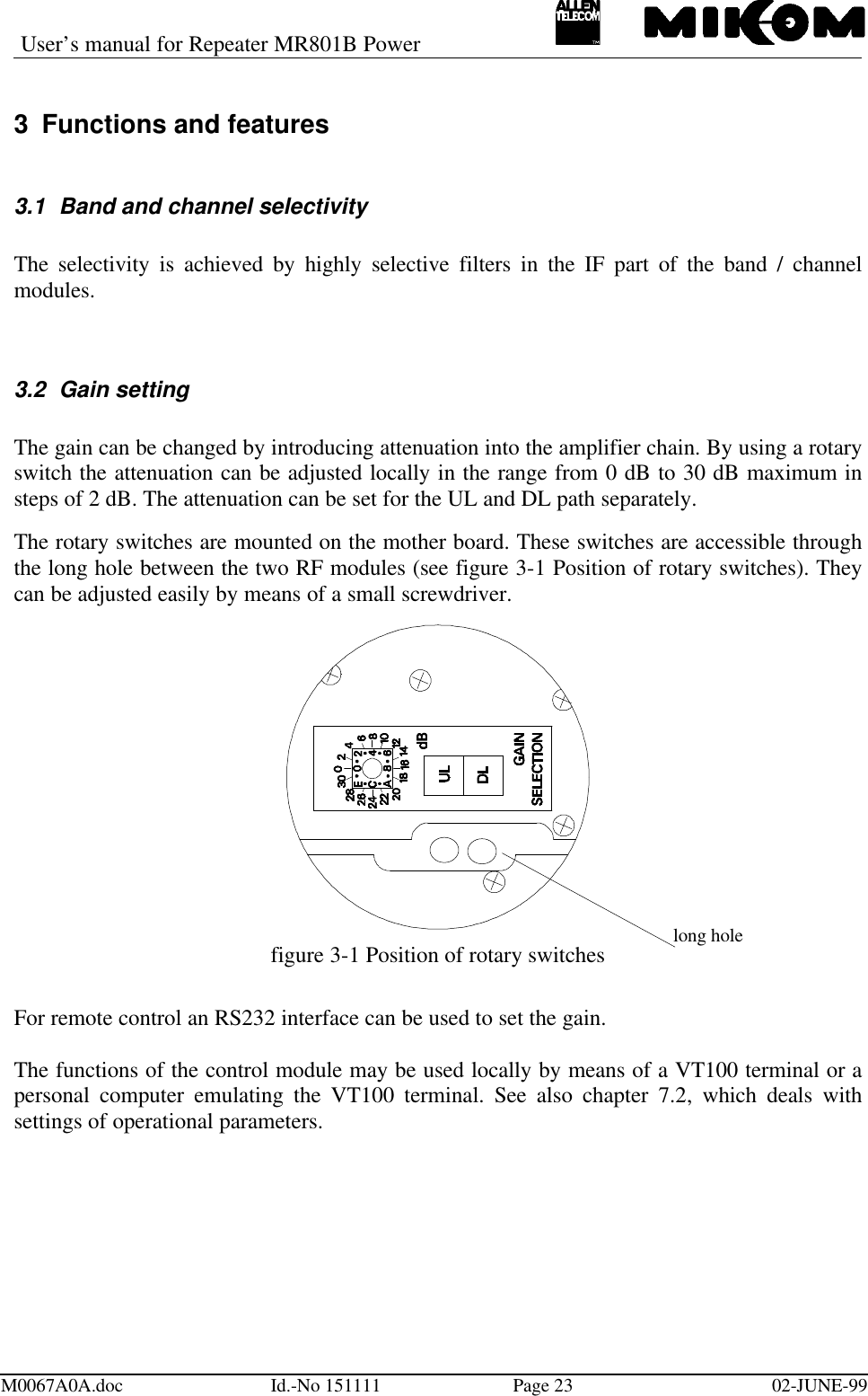 User’s manual for Repeater MR801B PowerM0067A0A.doc Id.-No 151111 Page 23 02-JUNE-993 Functions and features3.1 Band and channel selectivityThe selectivity is achieved by highly selective filters in the IF part of the band / channelmodules.3.2 Gain settingThe gain can be changed by introducing attenuation into the amplifier chain. By using a rotaryswitch the attenuation can be adjusted locally in the range from 0 dB to 30 dB maximum insteps of 2 dB. The attenuation can be set for the UL and DL path separately.The rotary switches are mounted on the mother board. These switches are accessible throughthe long hole between the two RF modules (see figure 3-1 Position of rotary switches). Theycan be adjusted easily by means of a small screwdriver.figure 3-1 Position of rotary switchesFor remote control an RS232 interface can be used to set the gain.The functions of the control module may be used locally by means of a VT100 terminal or apersonal computer emulating the VT100 terminal. See also chapter 7.2, which deals withsettings of operational parameters.long hole