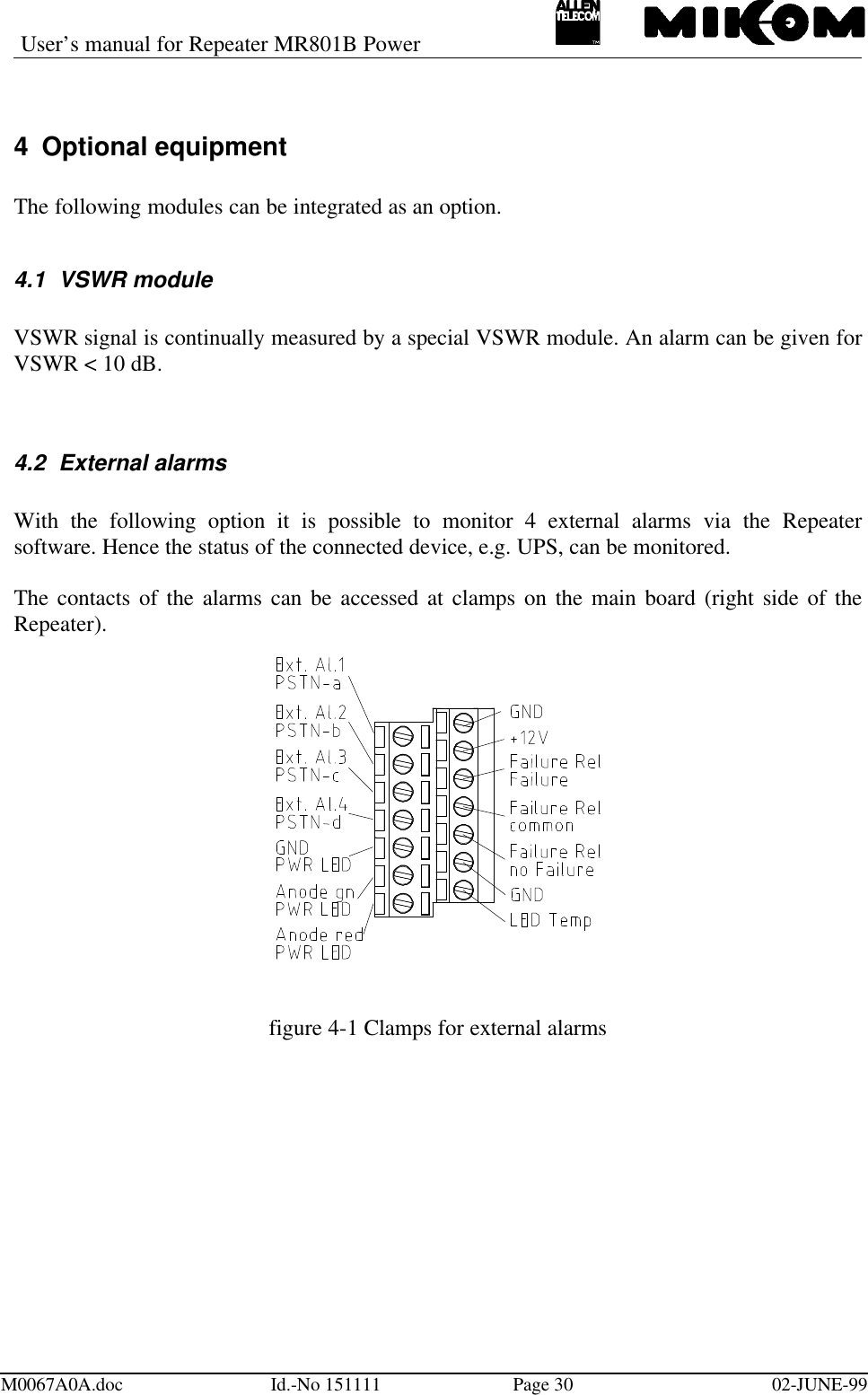 User’s manual for Repeater MR801B PowerM0067A0A.doc Id.-No 151111 Page 30 02-JUNE-994 Optional equipmentThe following modules can be integrated as an option.4.1 VSWR moduleVSWR signal is continually measured by a special VSWR module. An alarm can be given forVSWR &lt; 10 dB.4.2 External alarmsWith the following option it is possible to monitor 4 external alarms via the Repeatersoftware. Hence the status of the connected device, e.g. UPS, can be monitored.The contacts of the alarms can be accessed at clamps on the main board (right side of theRepeater).figure 4-1 Clamps for external alarms