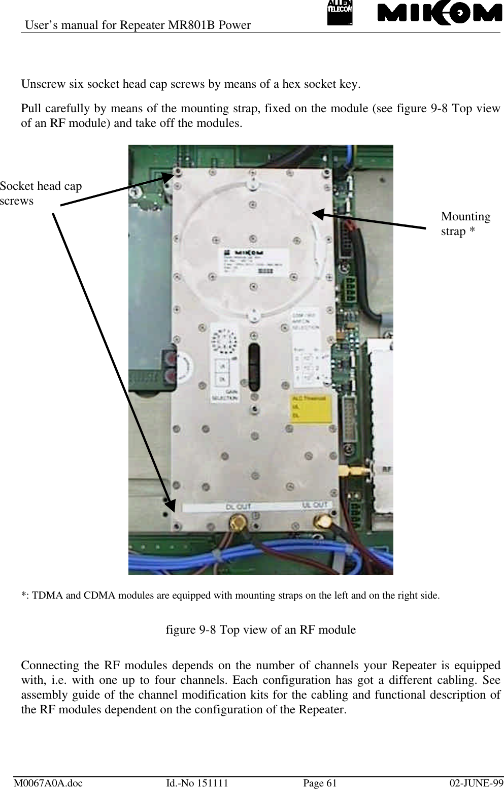 User’s manual for Repeater MR801B PowerM0067A0A.doc Id.-No 151111 Page 61 02-JUNE-99Unscrew six socket head cap screws by means of a hex socket key.Pull carefully by means of the mounting strap, fixed on the module (see figure 9-8 Top viewof an RF module) and take off the modules.*: TDMA and CDMA modules are equipped with mounting straps on the left and on the right side.figure 9-8 Top view of an RF moduleConnecting the RF modules depends on the number of channels your Repeater is equippedwith, i.e. with one up to four channels. Each configuration has got a different cabling. Seeassembly guide of the channel modification kits for the cabling and functional description ofthe RF modules dependent on the configuration of the Repeater.Mountingstrap *Socket head capscrews