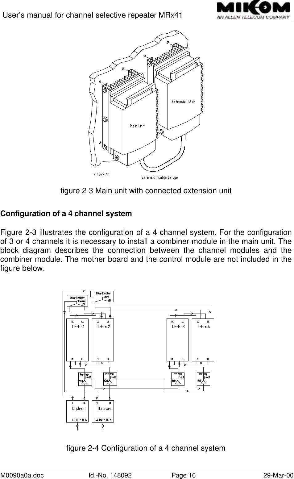 User’s manual for channel selective repeater MRx41M0090a0a.doc Id.-No. 148092 Page 16 29-Mar-00figure 2-3 Main unit with connected extension unitConfiguration of a 4 channel systemFigure 2-3 illustrates the configuration of a 4 channel system. For the configurationof 3 or 4 channels it is necessary to install a combiner module in the main unit. Theblock diagram describes the connection between the channel modules and thecombiner module. The mother board and the control module are not included in thefigure below.figure 2-4 Configuration of a 4 channel system