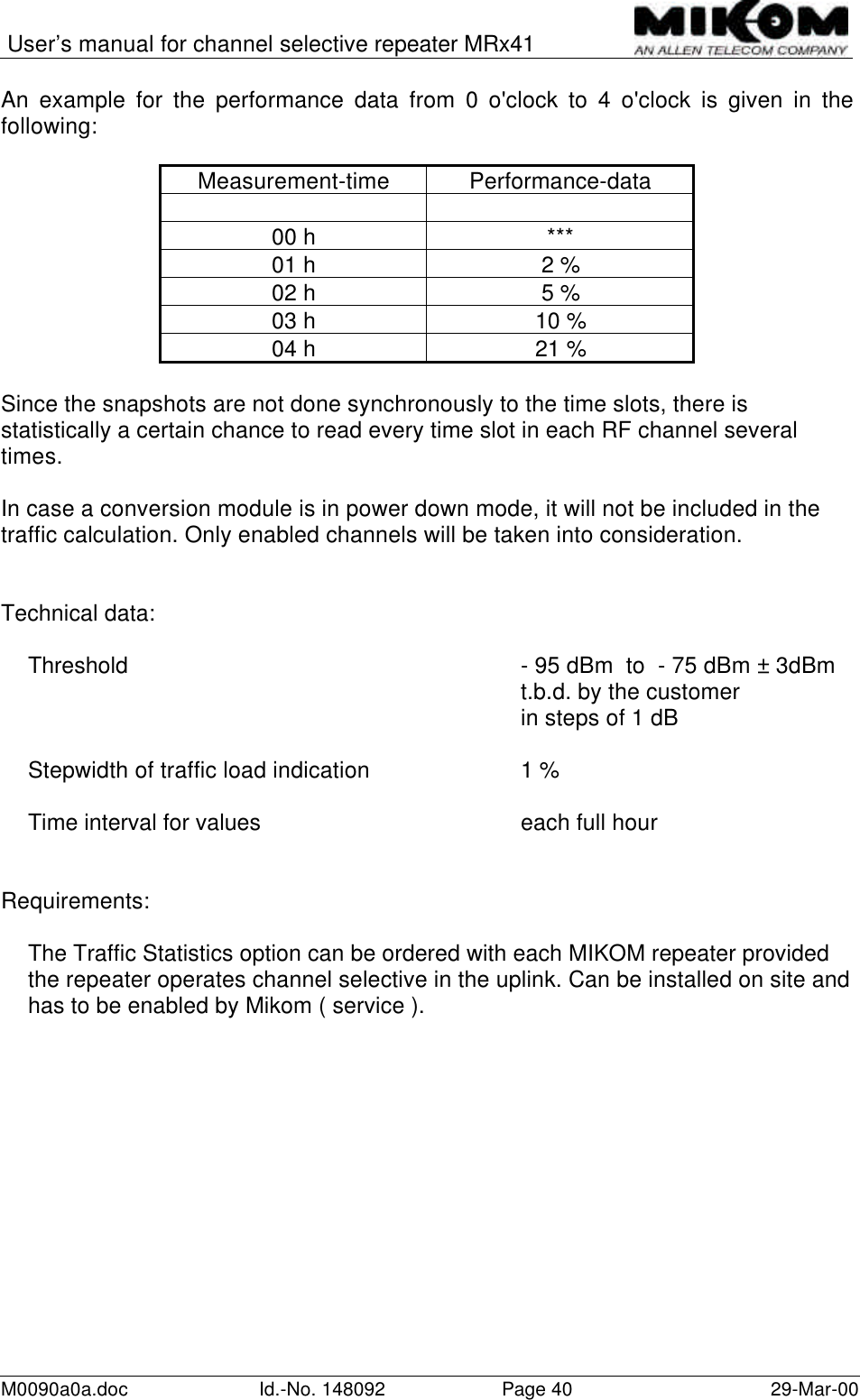 User’s manual for channel selective repeater MRx41M0090a0a.doc Id.-No. 148092 Page 40 29-Mar-00An example for the performance data from 0 o&apos;clock to 4 o&apos;clock is given in thefollowing:Measurement-time Performance-data00 h ***01 h 2 %02 h 5 %03 h 10 %04 h 21 %Since the snapshots are not done synchronously to the time slots, there isstatistically a certain chance to read every time slot in each RF channel severaltimes.In case a conversion module is in power down mode, it will not be included in thetraffic calculation. Only enabled channels will be taken into consideration.Technical data:Threshold - 95 dBm  to  - 75 dBm ± 3dBmt.b.d. by the customerin steps of 1 dBStepwidth of traffic load indication 1 %Time interval for values each full hourRequirements:The Traffic Statistics option can be ordered with each MIKOM repeater providedthe repeater operates channel selective in the uplink. Can be installed on site andhas to be enabled by Mikom ( service ).