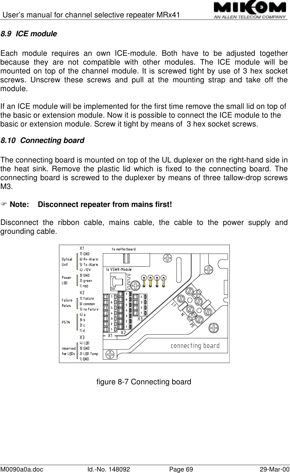 User’s manual for channel selective repeater MRx41M0090a0a.doc Id.-No. 148092 Page 69 29-Mar-008.9 ICE moduleEach module requires an own ICE-module. Both have to be adjusted togetherbecause they are not compatible with other modules. The ICE module will bemounted on top of the channel module. It is screwed tight by use of 3 hex socketscrews. Unscrew these screws and pull at the mounting strap and take off themodule.If an ICE module will be implemented for the first time remove the small lid on top ofthe basic or extension module. Now it is possible to connect the ICE module to thebasic or extension module. Screw it tight by means of  3 hex socket screws.8.10 Connecting boardThe connecting board is mounted on top of the UL duplexer on the right-hand side inthe heat sink. Remove the plastic lid which is fixed to the connecting board. Theconnecting board is screwed to the duplexer by means of three tallow-drop screwsM3.F Note: Disconnect repeater from mains first!Disconnect the ribbon cable, mains cable, the cable to the power supply andgrounding cable.figure 8-7 Connecting board