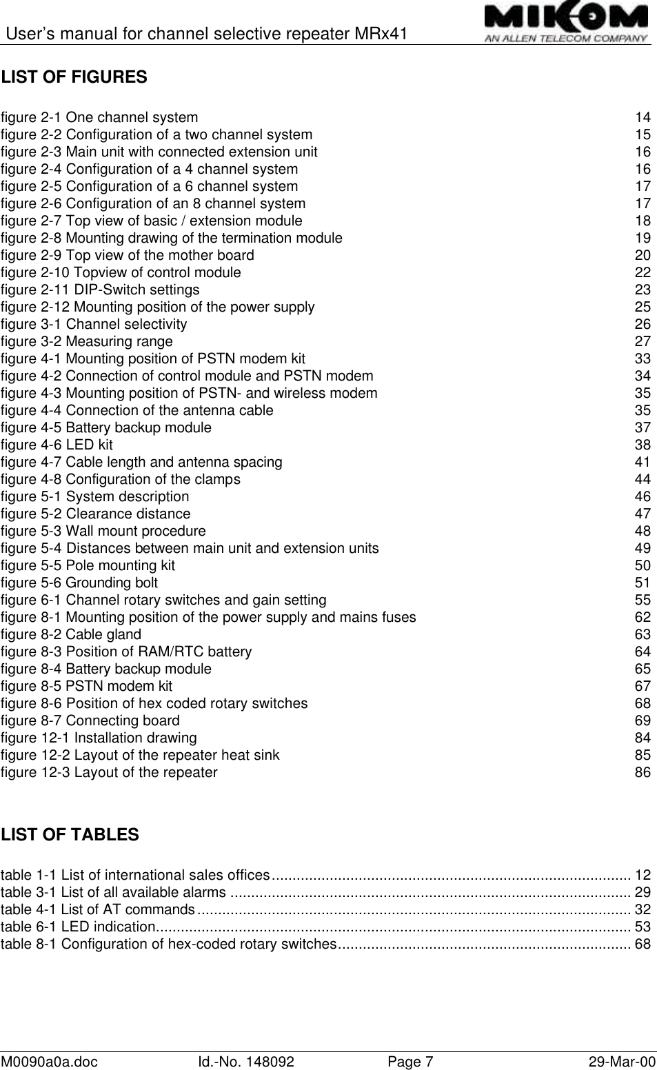 User’s manual for channel selective repeater MRx41M0090a0a.doc Id.-No. 148092 Page 729-Mar-00LIST OF FIGURESfigure 2-1 One channel system 14figure 2-2 Configuration of a two channel system 15figure 2-3 Main unit with connected extension unit 16figure 2-4 Configuration of a 4 channel system 16figure 2-5 Configuration of a 6 channel system 17figure 2-6 Configuration of an 8 channel system 17figure 2-7 Top view of basic / extension module 18figure 2-8 Mounting drawing of the termination module 19figure 2-9 Top view of the mother board 20figure 2-10 Topview of control module 22figure 2-11 DIP-Switch settings 23figure 2-12 Mounting position of the power supply 25figure 3-1 Channel selectivity 26figure 3-2 Measuring range 27figure 4-1 Mounting position of PSTN modem kit 33figure 4-2 Connection of control module and PSTN modem 34figure 4-3 Mounting position of PSTN- and wireless modem 35figure 4-4 Connection of the antenna cable 35figure 4-5 Battery backup module 37figure 4-6 LED kit 38figure 4-7 Cable length and antenna spacing 41figure 4-8 Configuration of the clamps44figure 5-1 System description 46figure 5-2 Clearance distance 47figure 5-3 Wall mount procedure 48figure 5-4 Distances between main unit and extension units 49figure 5-5 Pole mounting kit 50figure 5-6 Grounding bolt 51figure 6-1 Channel rotary switches and gain setting 55figure 8-1 Mounting position of the power supply and mains fuses 62figure 8-2 Cable gland 63figure 8-3 Position of RAM/RTC battery 64figure 8-4 Battery backup module 65figure 8-5 PSTN modem kit 67figure 8-6 Position of hex coded rotary switches 68figure 8-7 Connecting board 69figure 12-1 Installation drawing 84figure 12-2 Layout of the repeater heat sink 85figure 12-3 Layout of the repeater   86LIST OF TABLEStable 1-1 List of international sales offices....................................................................................... 12table 3-1 List of all available alarms ................................................................................................. 29table 4-1 List of AT commands......................................................................................................... 32table 6-1 LED indication................................................................................................................... 53table 8-1 Configuration of hex-coded rotary switches....................................................................... 68