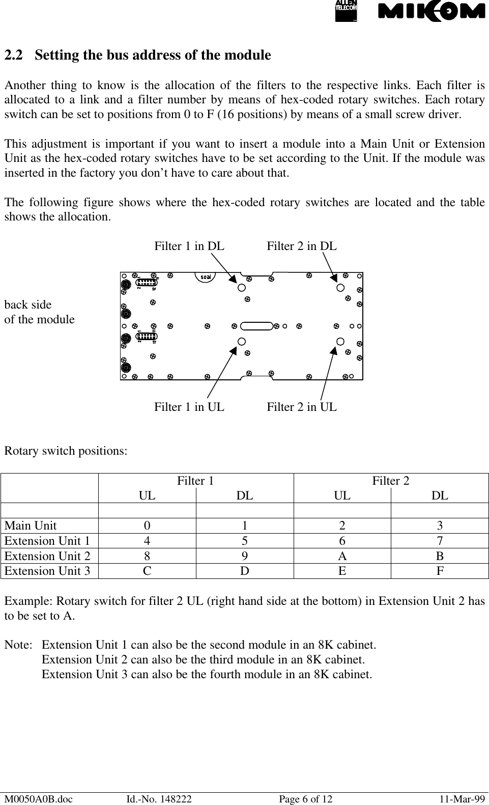 M0050A0B.doc Id.-No. 148222 Page 6 of 12 11-Mar-992.2 Setting the bus address of the moduleAnother thing to know is the allocation of the filters to the respective links. Each filter isallocated to a link and a filter number by means of hex-coded rotary switches. Each rotaryswitch can be set to positions from 0 to F (16 positions) by means of a small screw driver.This adjustment is important if you want to insert a module into a Main Unit or ExtensionUnit as the hex-coded rotary switches have to be set according to the Unit. If the module wasinserted in the factory you don’t have to care about that.The following figure shows where the hex-coded rotary switches are located and the tableshows the allocation.Filter 1 in DL Filter 2 in DLback sideof the moduleFilter 1 in UL Filter 2 in ULRotary switch positions:Filter 1 Filter 2UL DL UL DLMain Unit 0 1 2 3Extension Unit 1 4 5 6 7Extension Unit 2 8 9 ABExtension Unit 3 CDEFExample: Rotary switch for filter 2 UL (right hand side at the bottom) in Extension Unit 2 hasto be set to A.Note: Extension Unit 1 can also be the second module in an 8K cabinet.Extension Unit 2 can also be the third module in an 8K cabinet.Extension Unit 3 can also be the fourth module in an 8K cabinet.