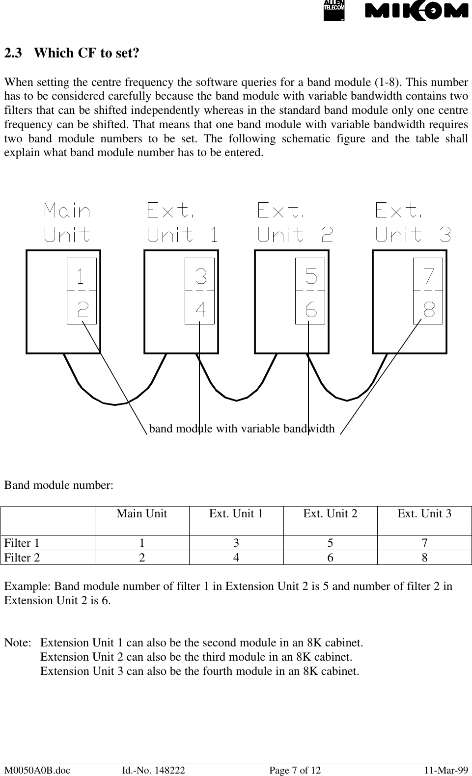 M0050A0B.doc Id.-No. 148222 Page 7 of 12 11-Mar-992.3 Which CF to set?When setting the centre frequency the software queries for a band module (1-8). This numberhas to be considered carefully because the band module with variable bandwidth contains twofilters that can be shifted independently whereas in the standard band module only one centrefrequency can be shifted. That means that one band module with variable bandwidth requirestwo band module numbers to be set. The following schematic figure and the table shallexplain what band module number has to be entered.band module with variable bandwidthBand module number:Main Unit Ext. Unit 1 Ext. Unit 2 Ext. Unit 3Filter 1 1 3 5 7Filter 2 2 4 6 8Example: Band module number of filter 1 in Extension Unit 2 is 5 and number of filter 2 inExtension Unit 2 is 6.Note: Extension Unit 1 can also be the second module in an 8K cabinet.Extension Unit 2 can also be the third module in an 8K cabinet.Extension Unit 3 can also be the fourth module in an 8K cabinet.