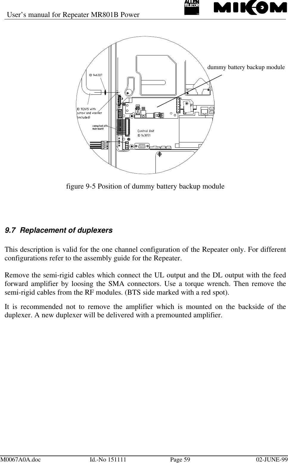 User’s manual for Repeater MR801B PowerM0067A0A.doc Id.-No 151111 Page 59 02-JUNE-99figure 9-5 Position of dummy battery backup module9.7 Replacement of duplexersThis description is valid for the one channel configuration of the Repeater only. For differentconfigurations refer to the assembly guide for the Repeater.Remove the semi-rigid cables which connect the UL output and the DL output with the feedforward amplifier by loosing the SMA connectors. Use a torque wrench. Then remove thesemi-rigid cables from the RF modules. (BTS side marked with a red spot).It is recommended not to remove the amplifier which is mounted on the backside of theduplexer. A new duplexer will be delivered with a premounted amplifier.dummy battery backup module