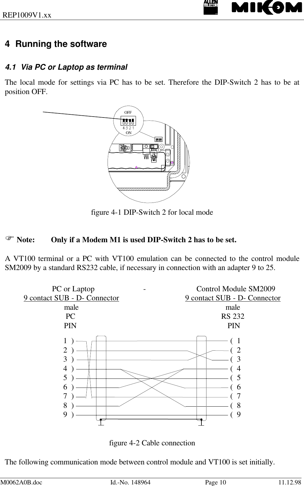 REP1009V1.xxM0062A0B.doc Id.-No. 148964 Page 10 11.12.984 Running the software4.1 Via PC or Laptop as terminalThe local mode for settings via PC has to be set. Therefore the DIP-Switch 2 has to be atposition OFF.figure 4-1 DIP-Switch 2 for local modeF Note: Only if a Modem M1 is used DIP-Switch 2 has to be set.A VT100 terminal or a PC with VT100 emulation can be connected to the control moduleSM2009 by a standard RS232 cable, if necessary in connection with an adapter 9 to 25. PC or Laptop               -                         Control Module SM20099 contact SUB - D- Connector 9 contact SUB - D- Connectormale male   PC RS 232PIN           PIN1  )                                                                        (  12  )                                                                        (  23  )                                                                        (  34  )                                                                        (  45  )                                                                        (  56  )                                                                         (  67  )                                                                        (  78  )                                                                        (  89  )                                                                          (  9figure 4-2 Cable connectionThe following communication mode between control module and VT100 is set initially. OFF ON